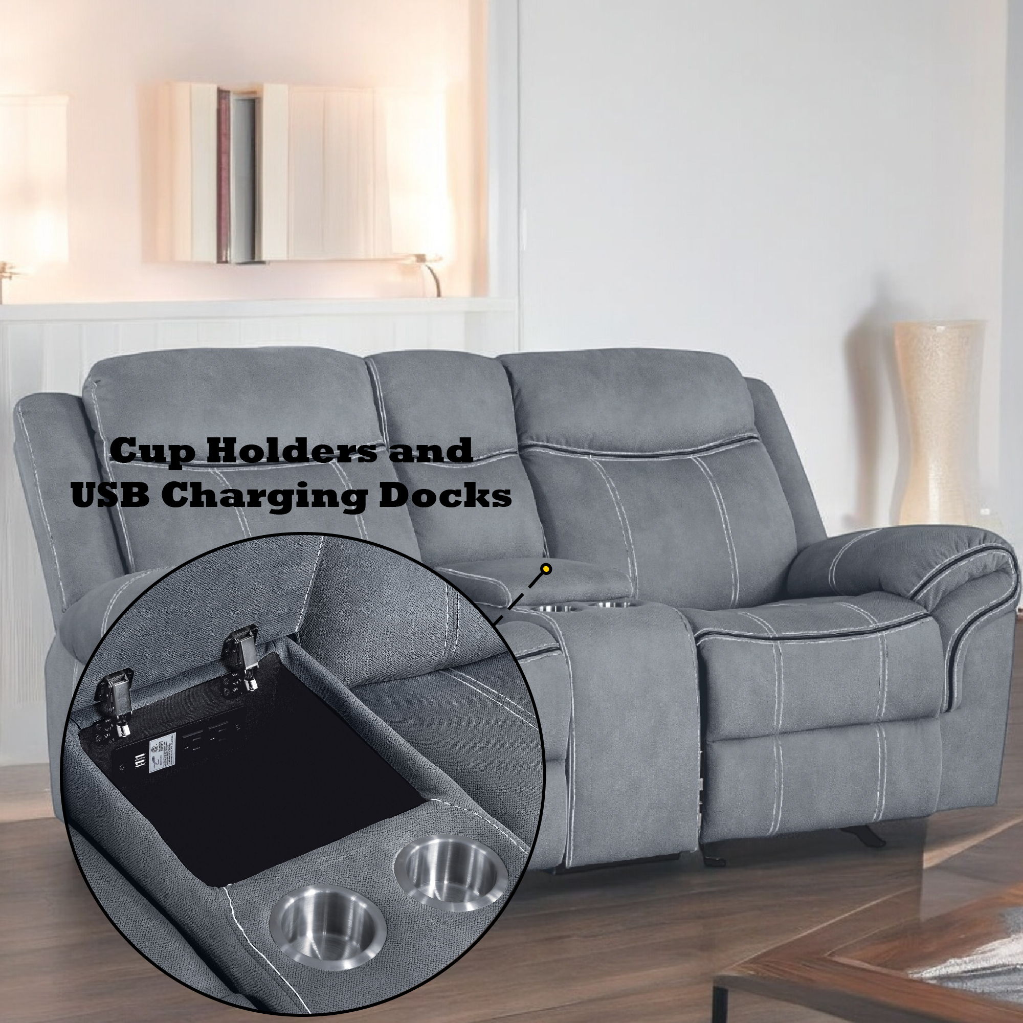 Zubaida - Motion Loveseat & Console With USB - Two Tone Gray Velvet, dark gray, view 7