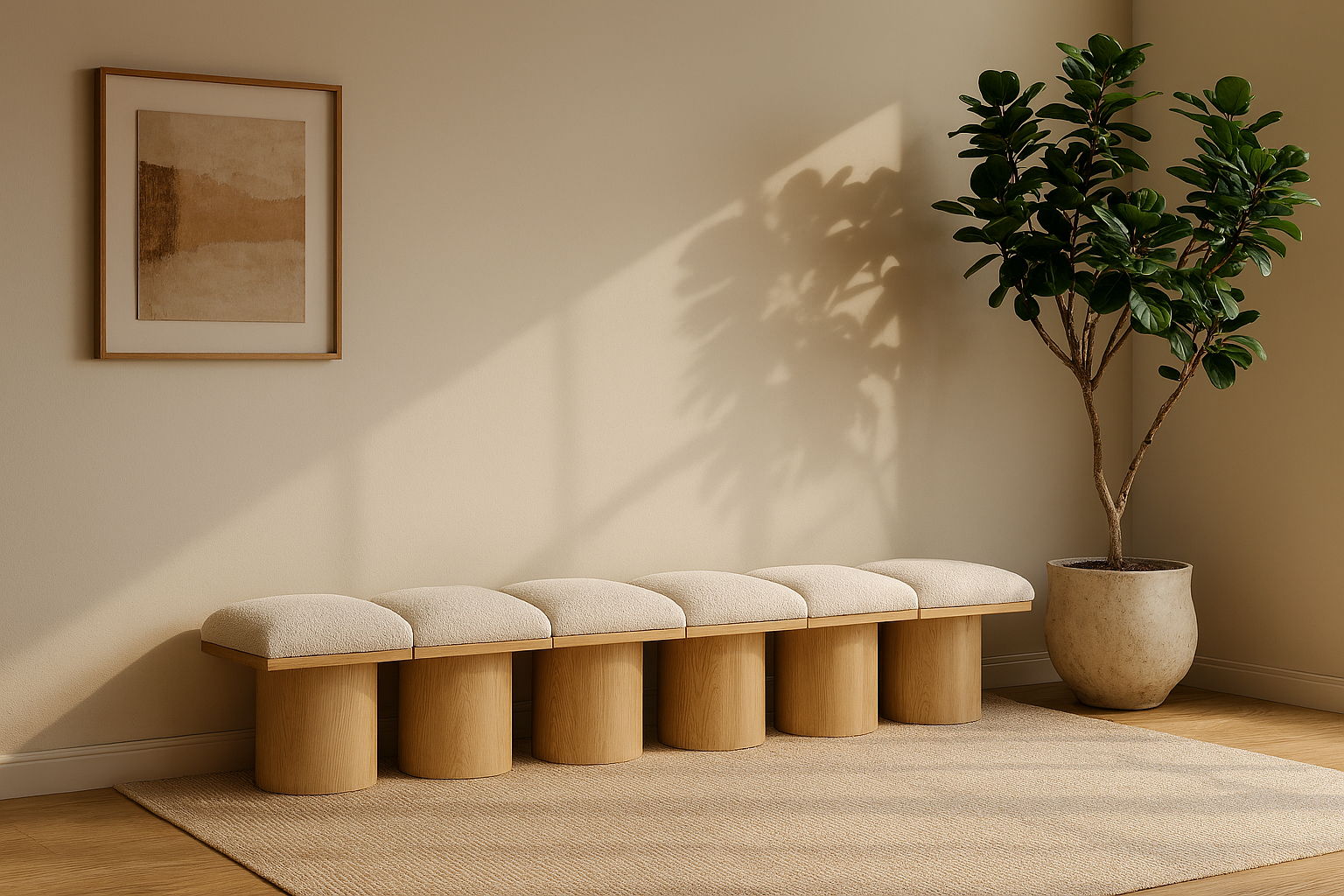Pavilion - 93" 6 Piece Modular Bench With Natural Base - Cream