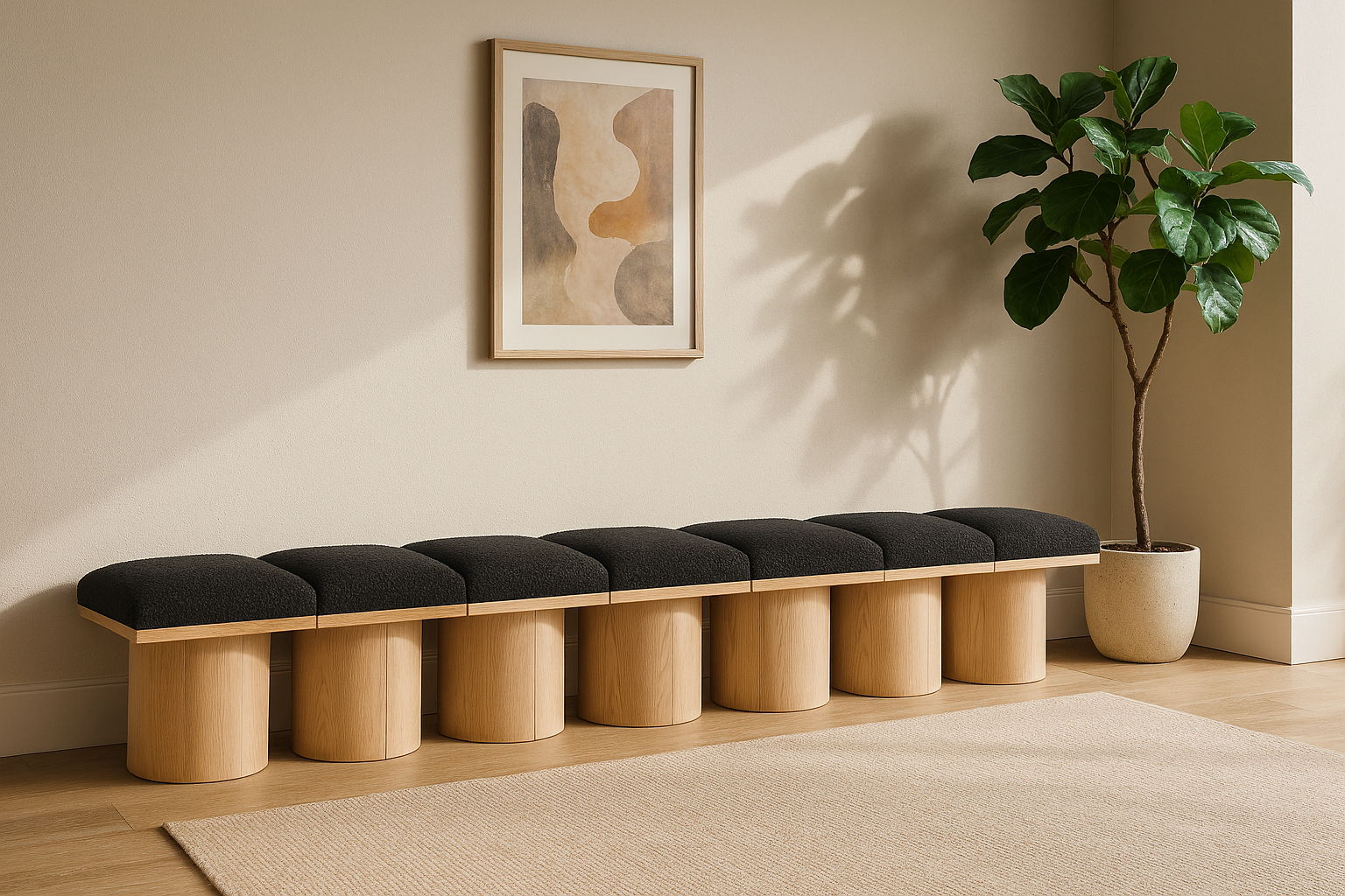 Pavilion - 126" 7 Piece Modular Bench With Natural Base - Black