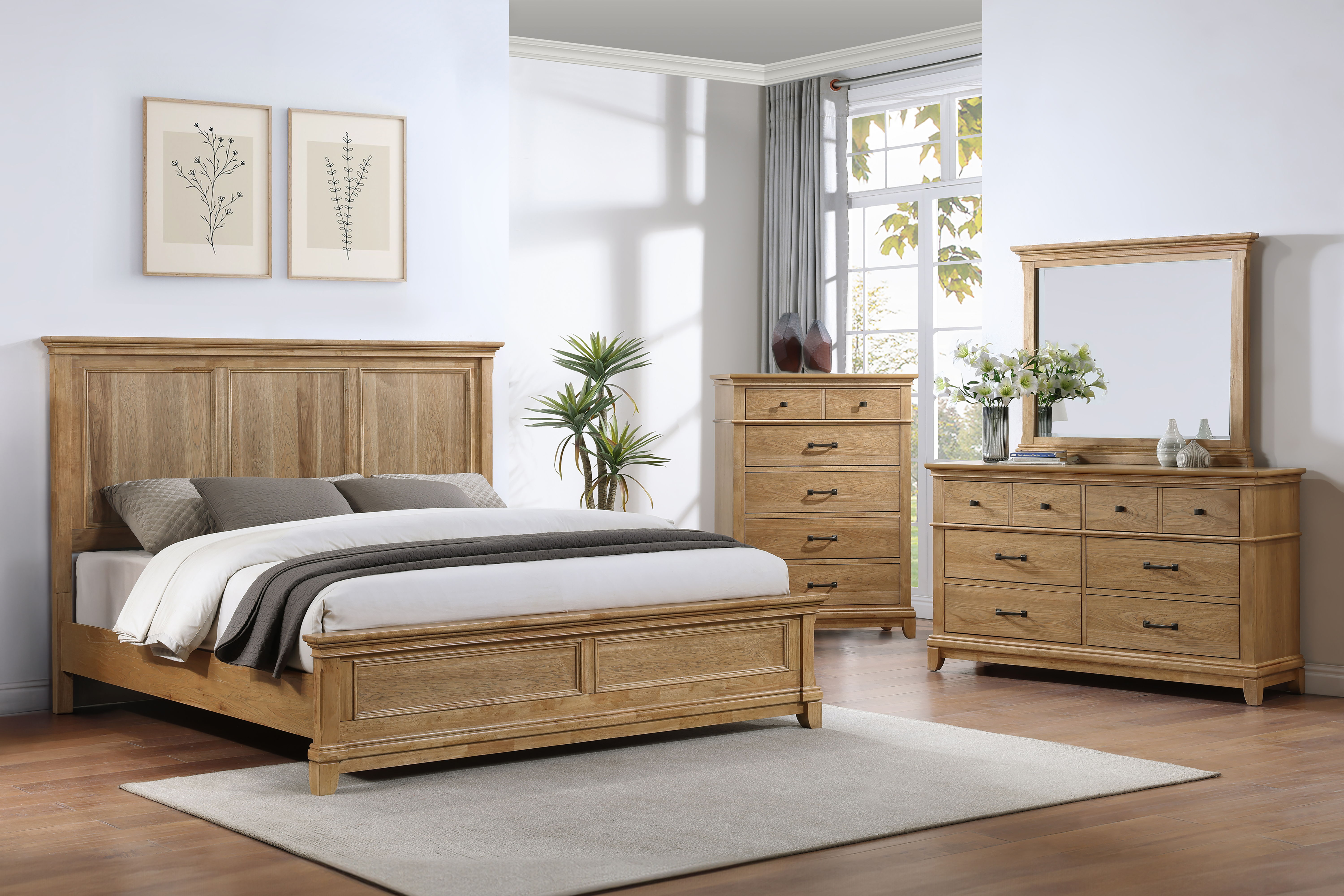 Sunstone - 6/6 King 4 Piece Bedroom Set (Bed, Dresser, Mirror, Chest) - Brown / Natural