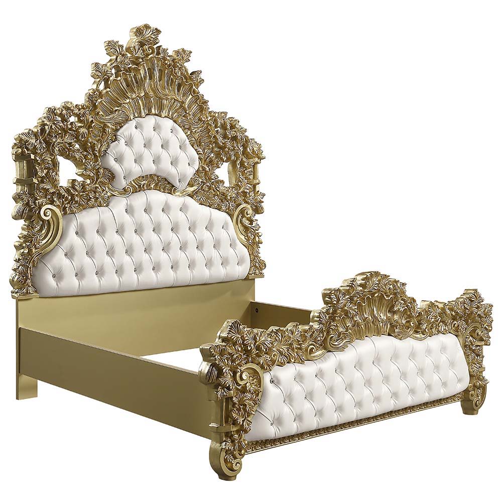 Bernadette - Eastern King Bed - White Synthetic Leather Fabric & Gold, white, view 7