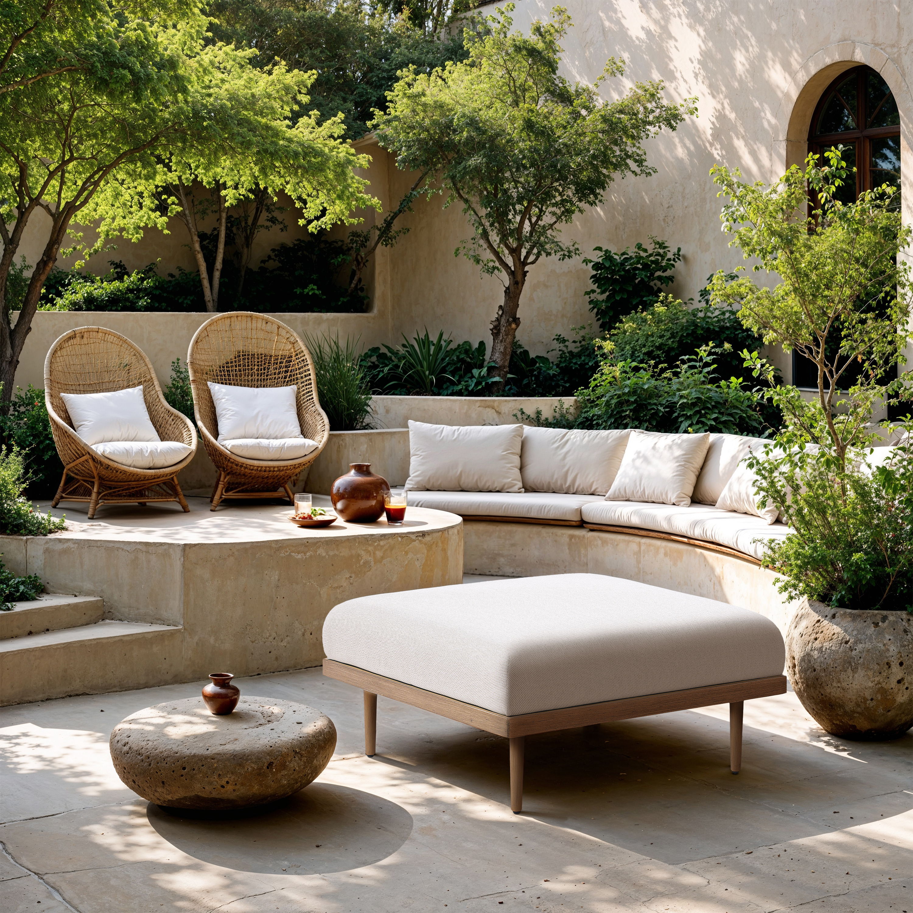 Laguna - Resilient Water Resistant Fabric Upholstered Outdoor Patio Ottoman - Cream