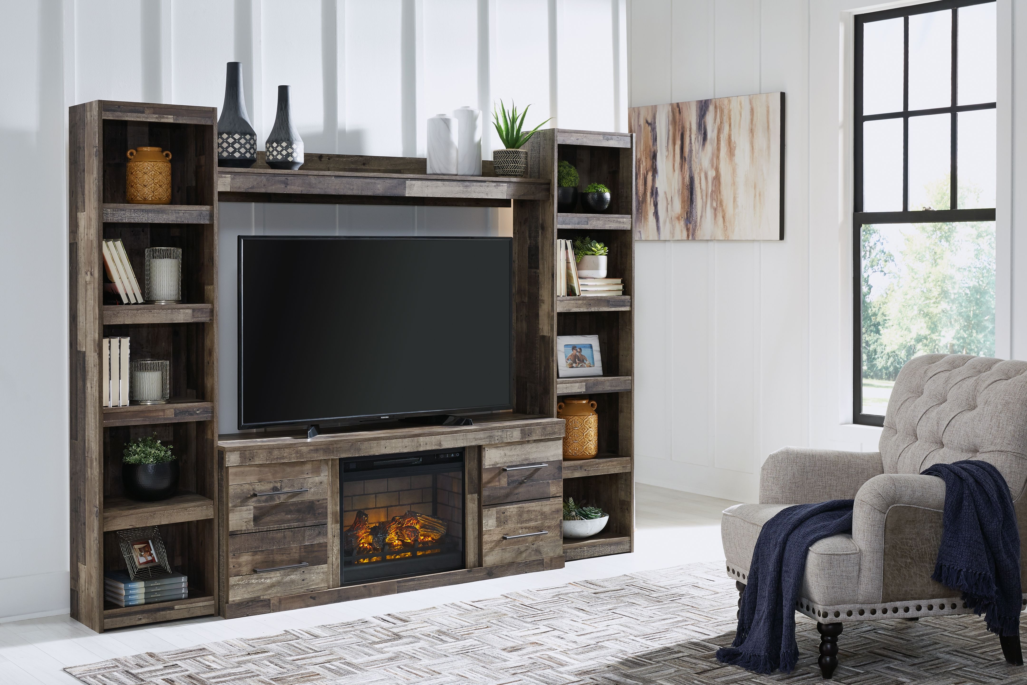 Derekson - 4-Piece Entertainment Center With Electric Fireplace - Multi Gray