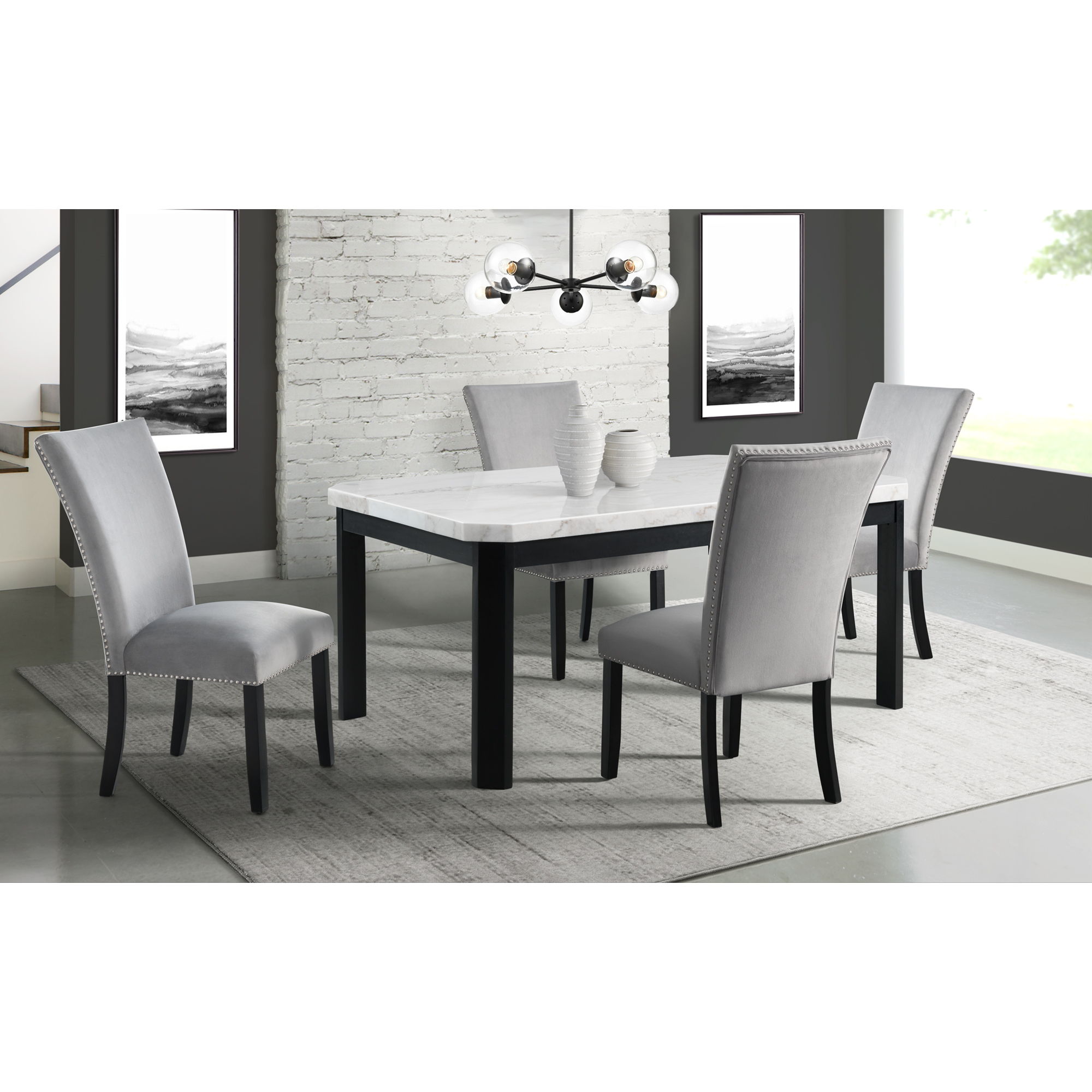 Francesca White Marble 5 Piece Dining SetTable & Four Gray Velvet