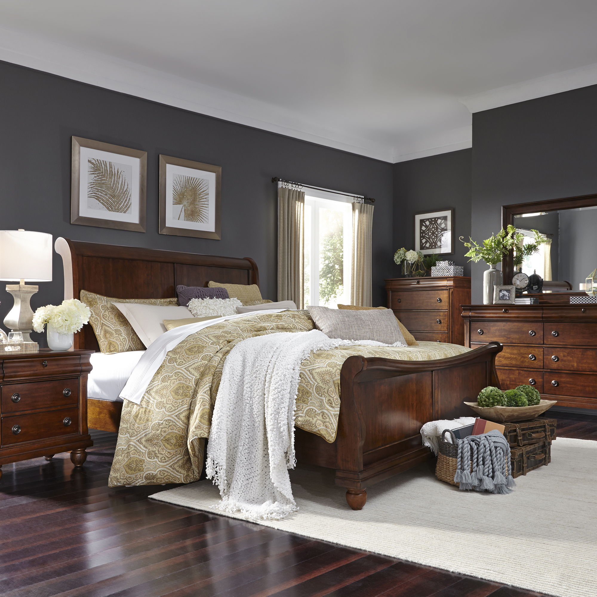 Rustic Traditions - 5 Piece Bedroom Set (California King Sleigh Bed, Dresser & Mirror, Chest, Nightstand) - Dark Brown Image