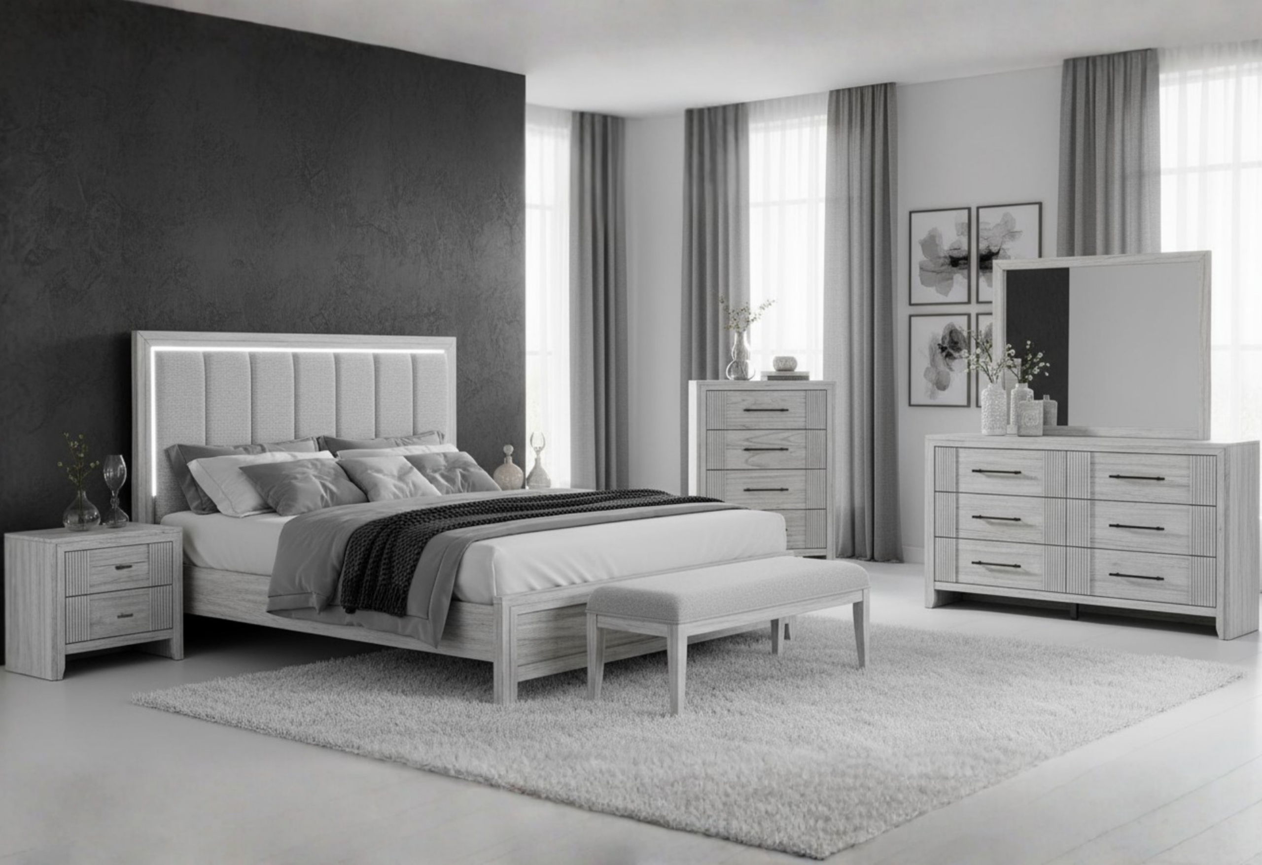 Elsie - King Bed With LED - Light Grey