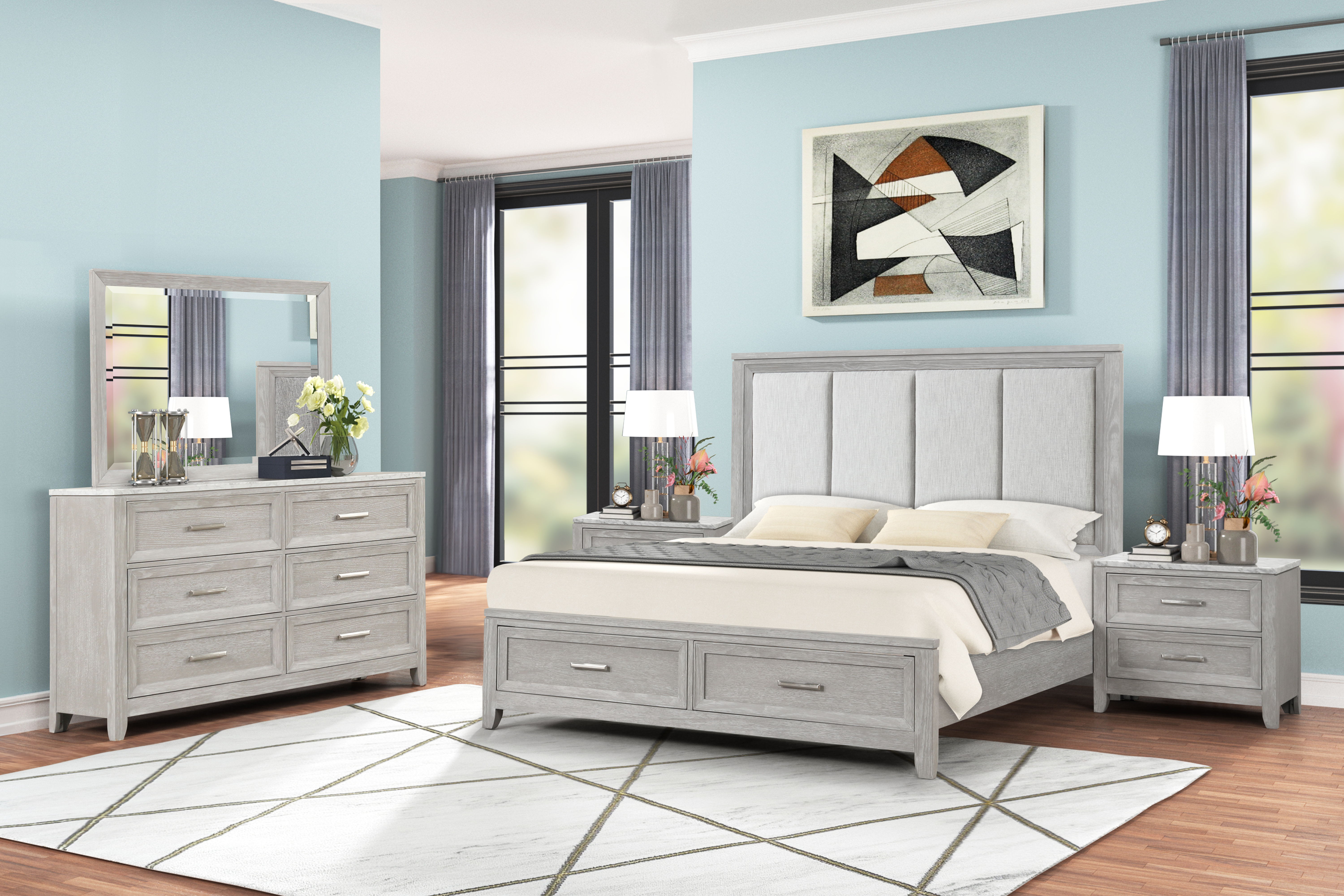 Fiona - 6/6 King 5 Piece Bedroom Set (Bed & Dresser & Mirror & 2 Nightstands) - Gray