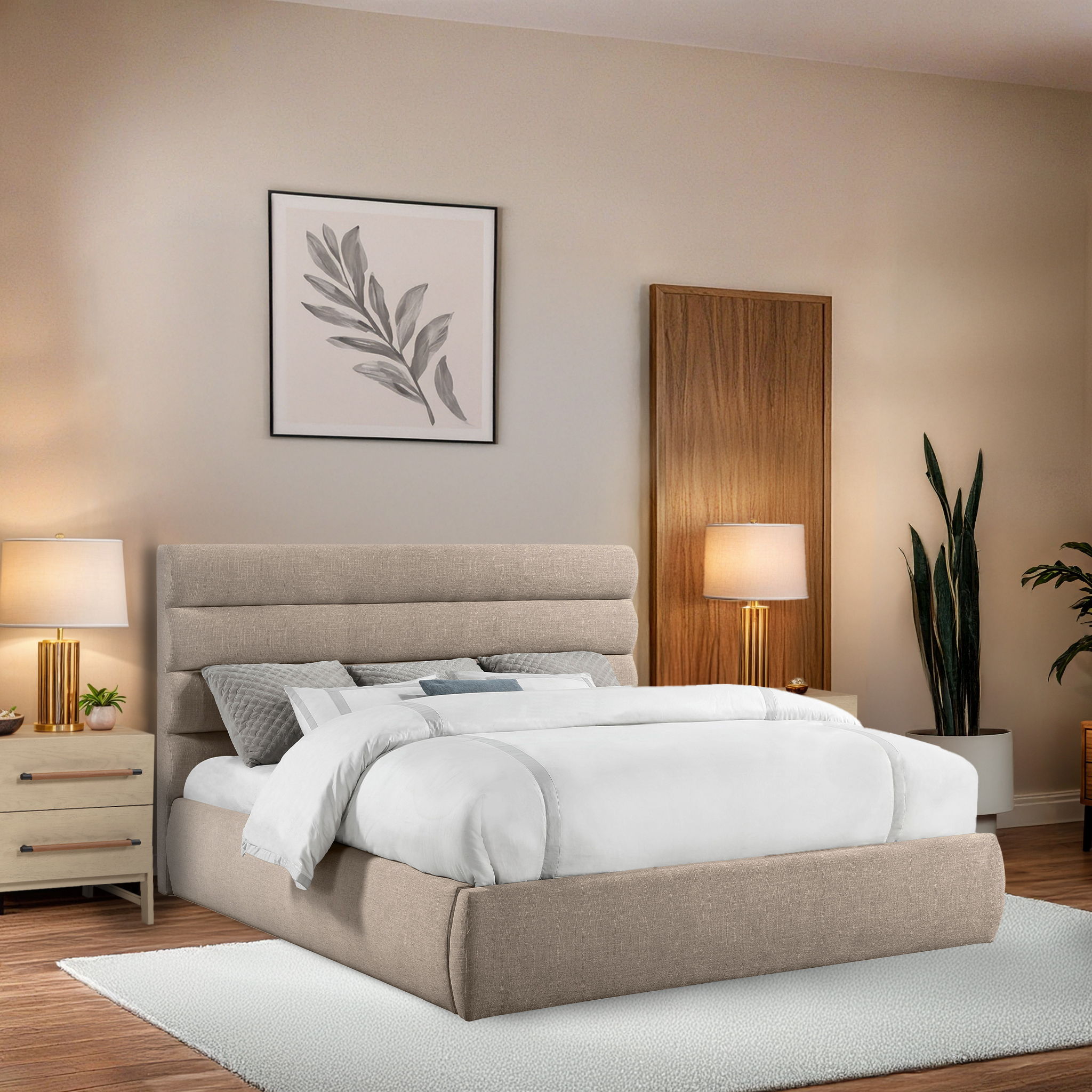 Adam - Linen Fabric King Bed With 52" Headboard - Taupe