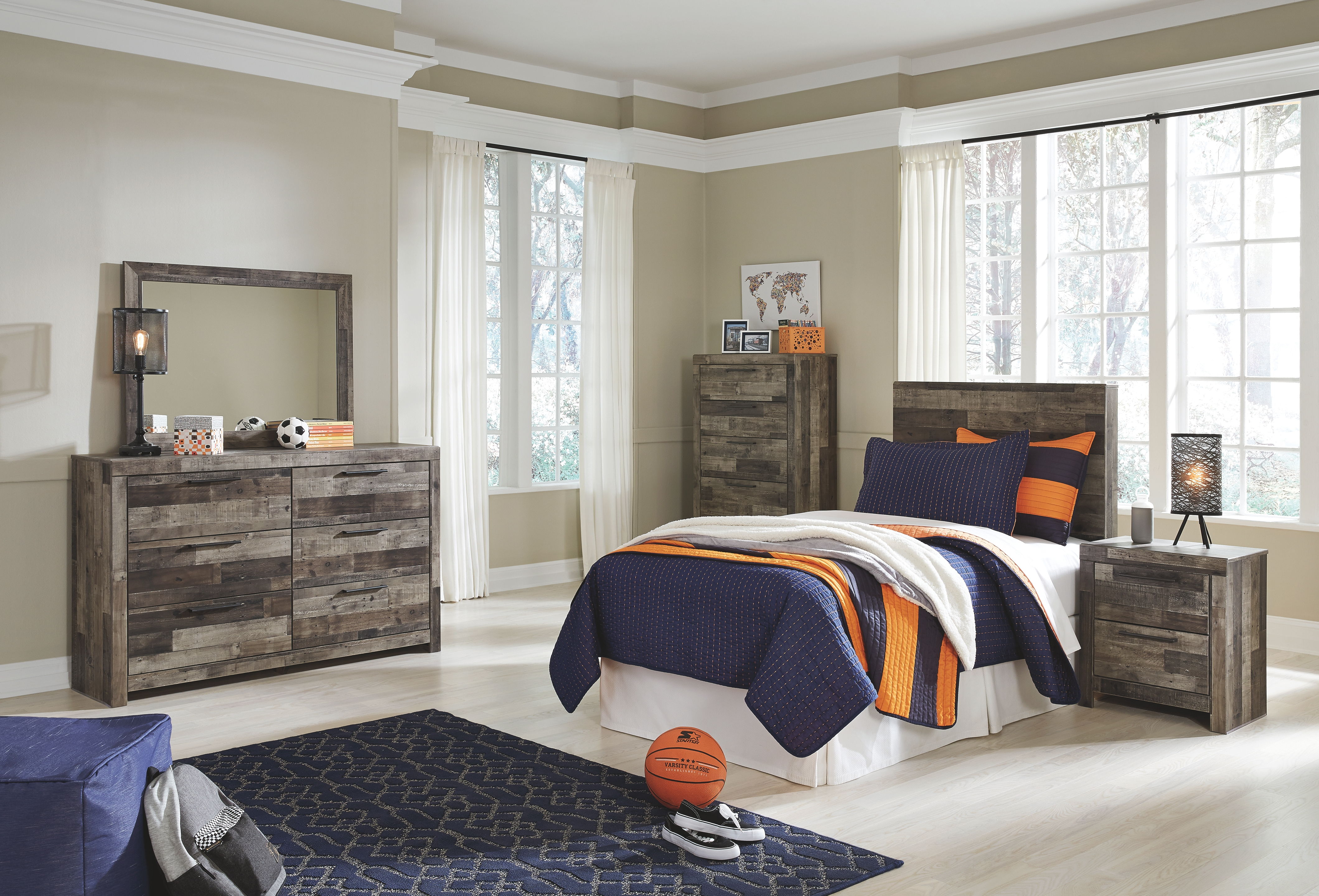 Derekson - Twin Panel Headboard with Bolt on Bed Frame - Multi Gray
