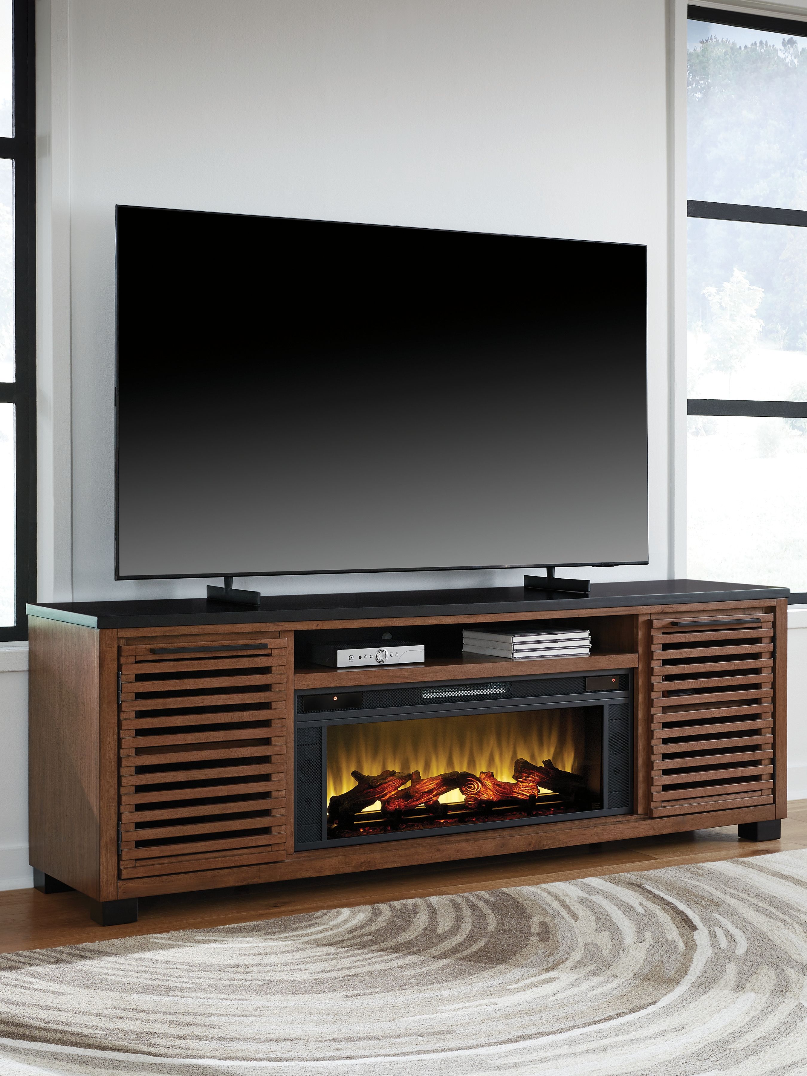 Ashley Furniture Kallari - 84" TV Stand With Electric Fireplace - Warm Brown / Black - Image 4
