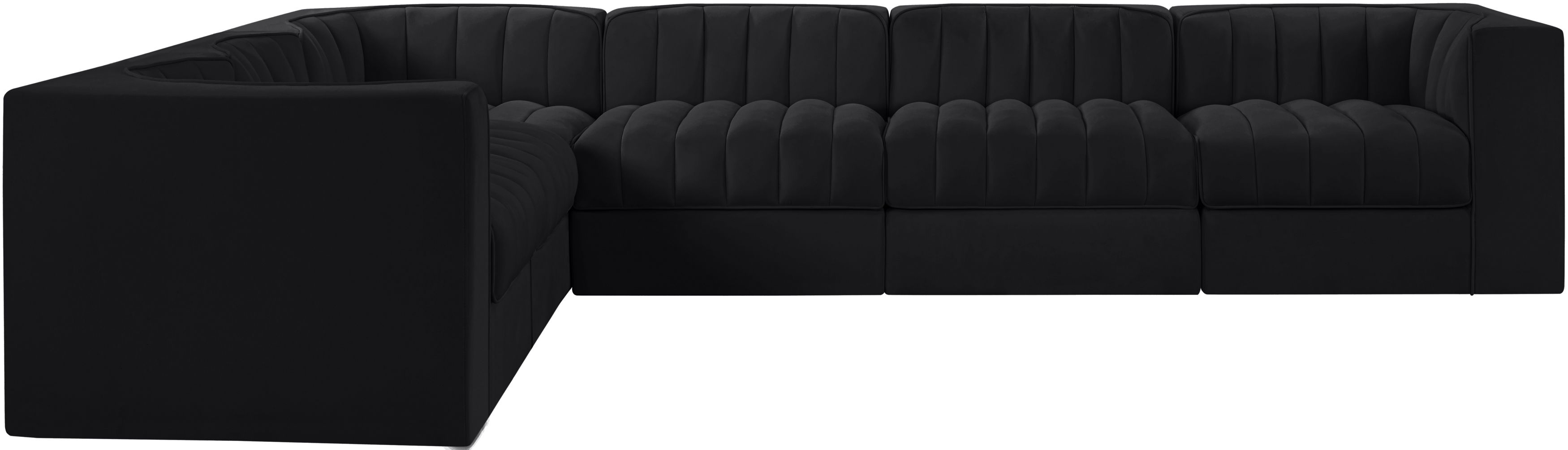 Rummi - Velvet Performance Fabric Upholstered 6 Piece Modular Sectional (With 3 Corner Chairs) - Black