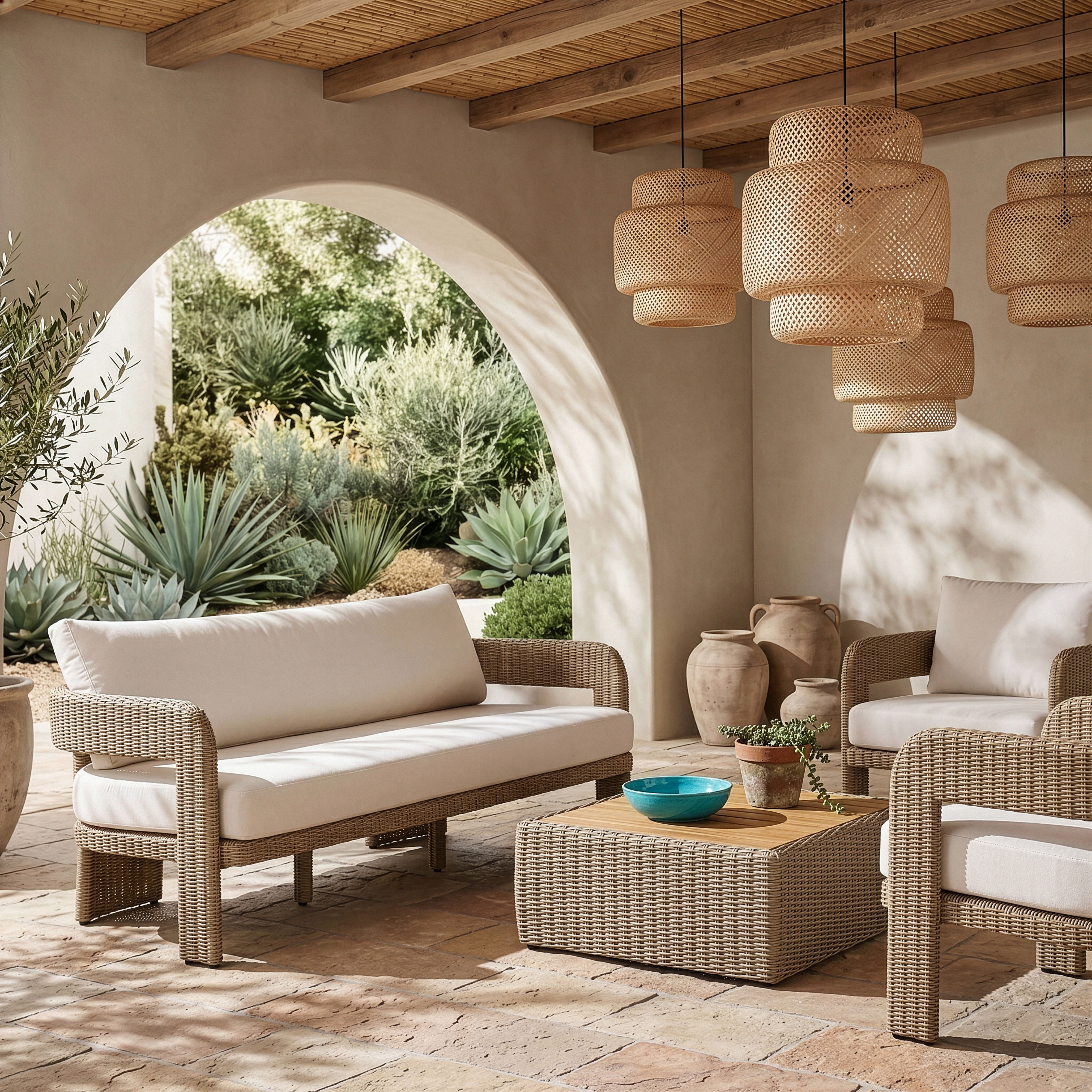 Sandbay - Olefin Water Resistant Fabric And Wicker Outdoor Patio Sofa - Beige
