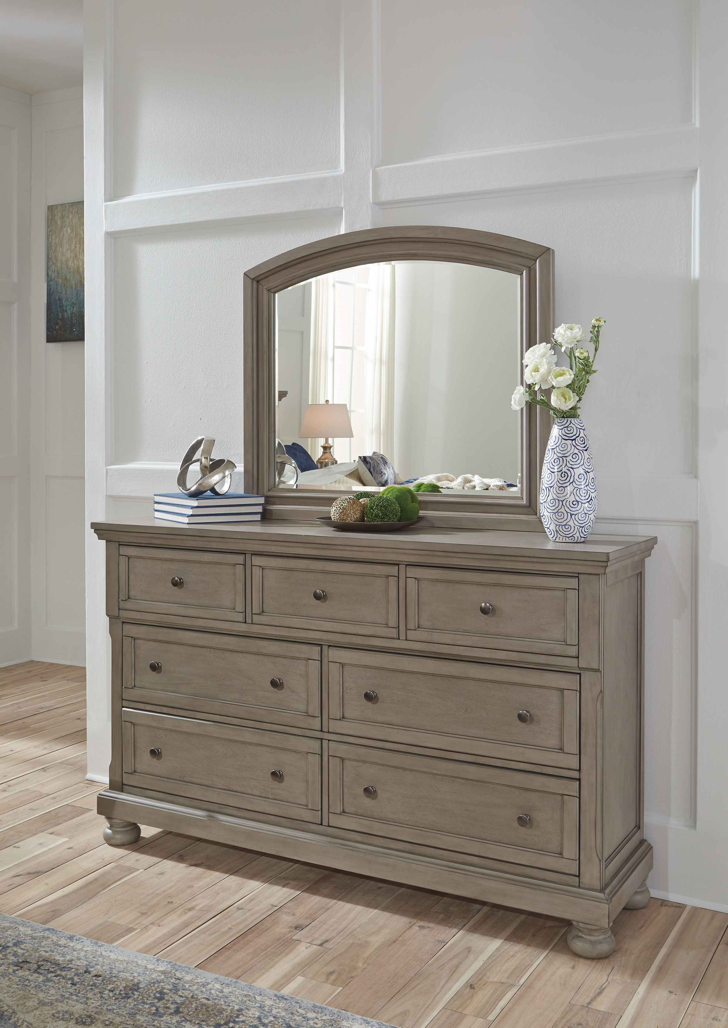 Ashley Furniture Lettner - 8 Pc. - Dresser, Mirror, Chest, King Sleigh Bed with 2 Storage Drawers, 2 Nightstands - Light Gray - Image 6