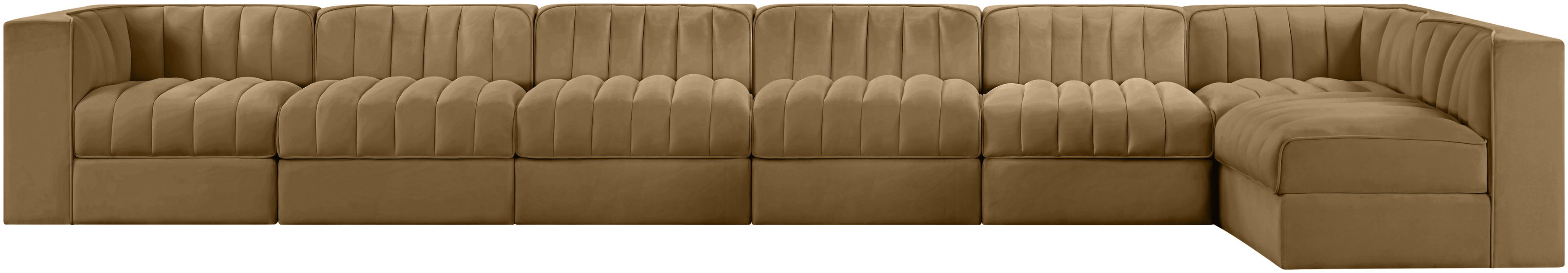 Rummi - Velvet Performance Fabric Upholstered 7 Piece Modular Sectional, L-Shaped (Right) - Saddle