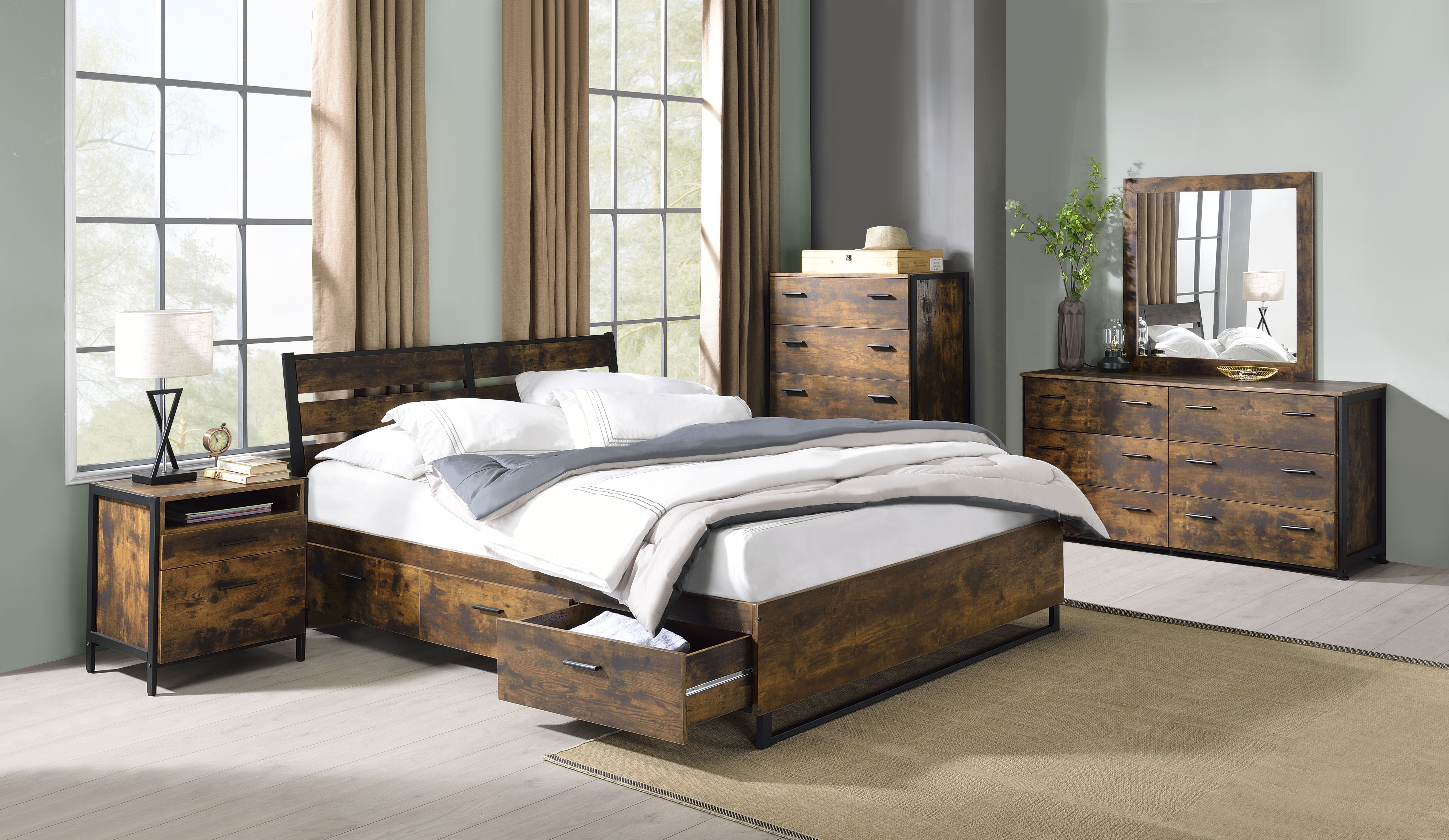 Juvanth - Eastern King Bed With Storage - Rustic Oak & Black, dark brown, view 5