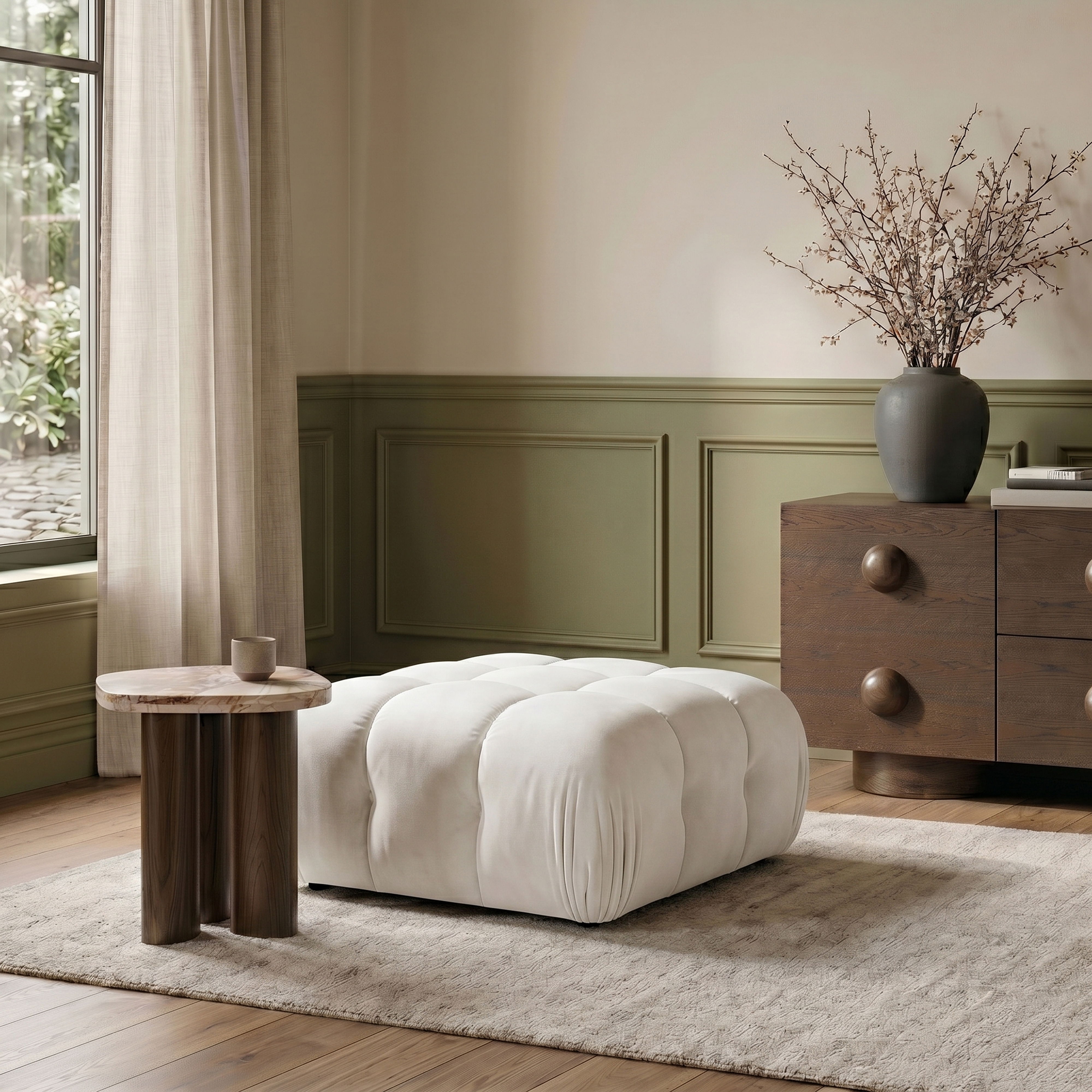 Orin - Velvet Performance Fabric Upholstered Modular Ottoman - Cream