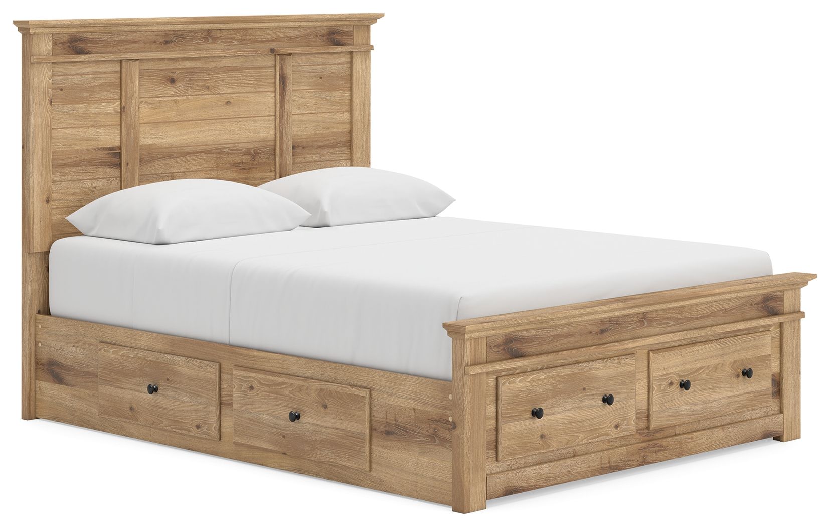 Makidern - Queen Panel Storage Bed With 2 Under Bed Storage Units And Storage Footboard - Tan