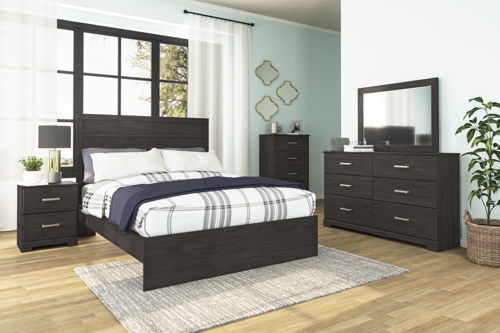 Belachime - 6 Pc. - Dresser, Mirror, Queen Panel Bed, 2 Nightstands - Black, black