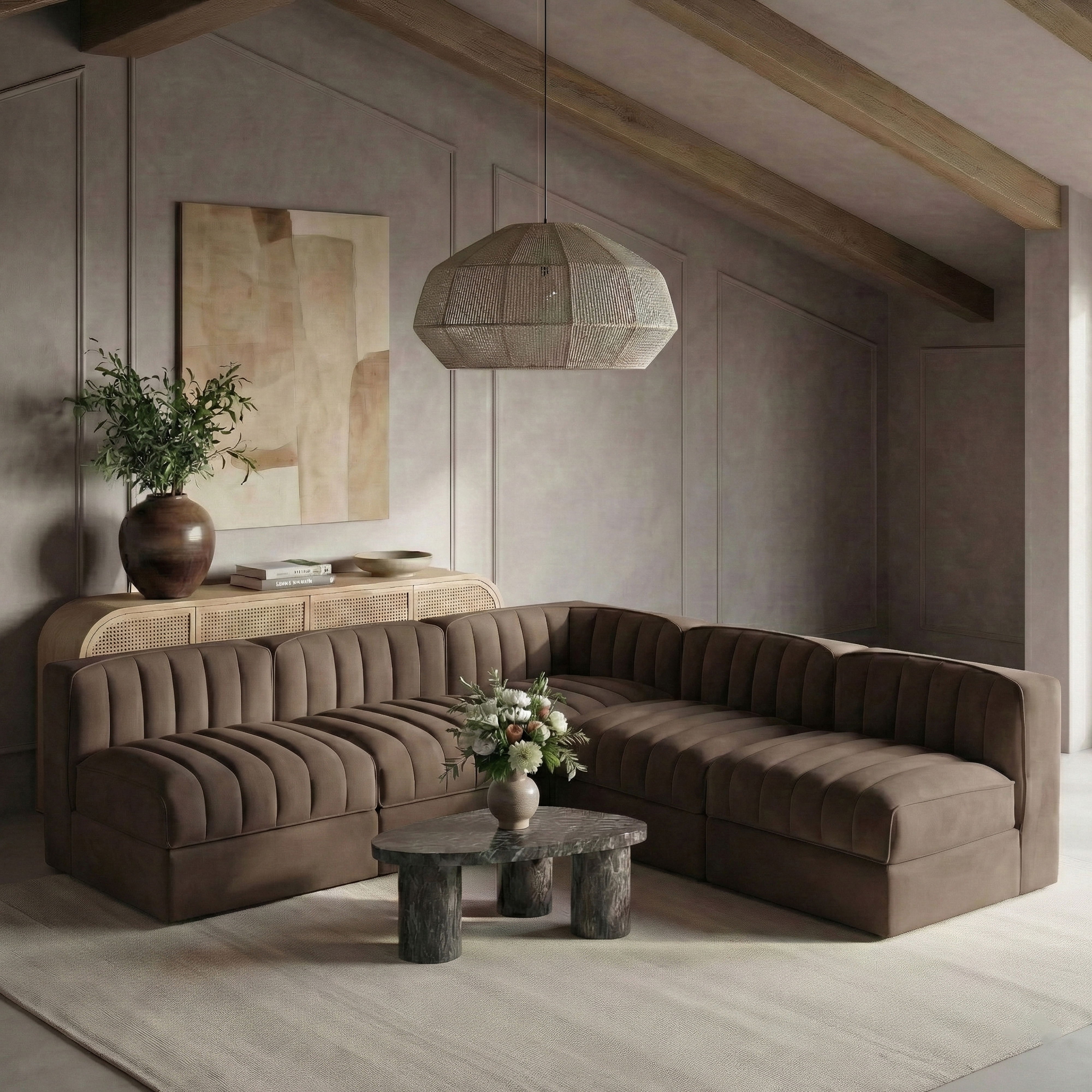 Rummi - Armless Velvet Performance Fabric Upholstered 5 Piece Modular Sectional - Brown