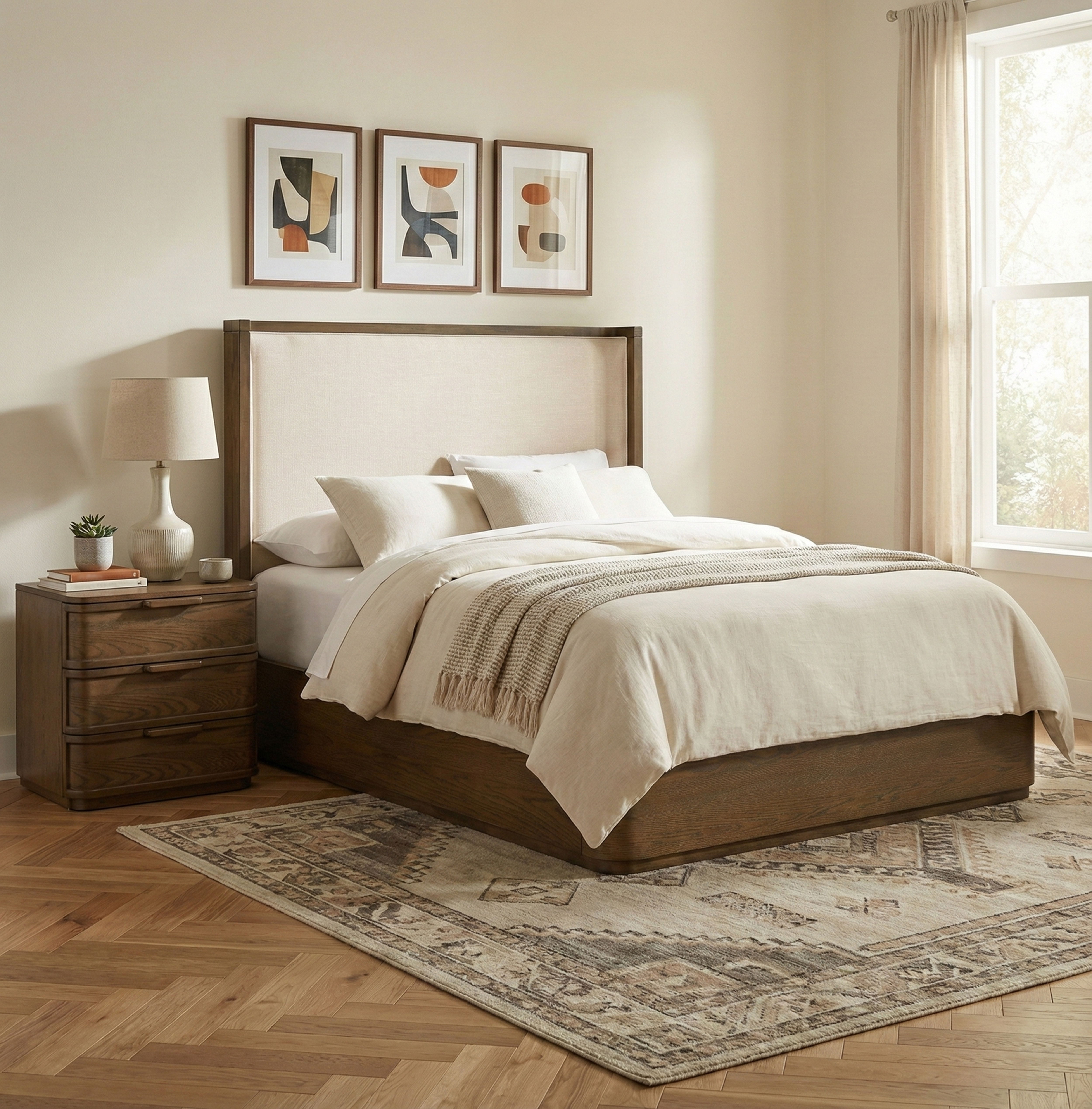Tiberio - Solid Wood And Linen Textured Fabric Queen Bed (3 Boxes) - Brown / Cream