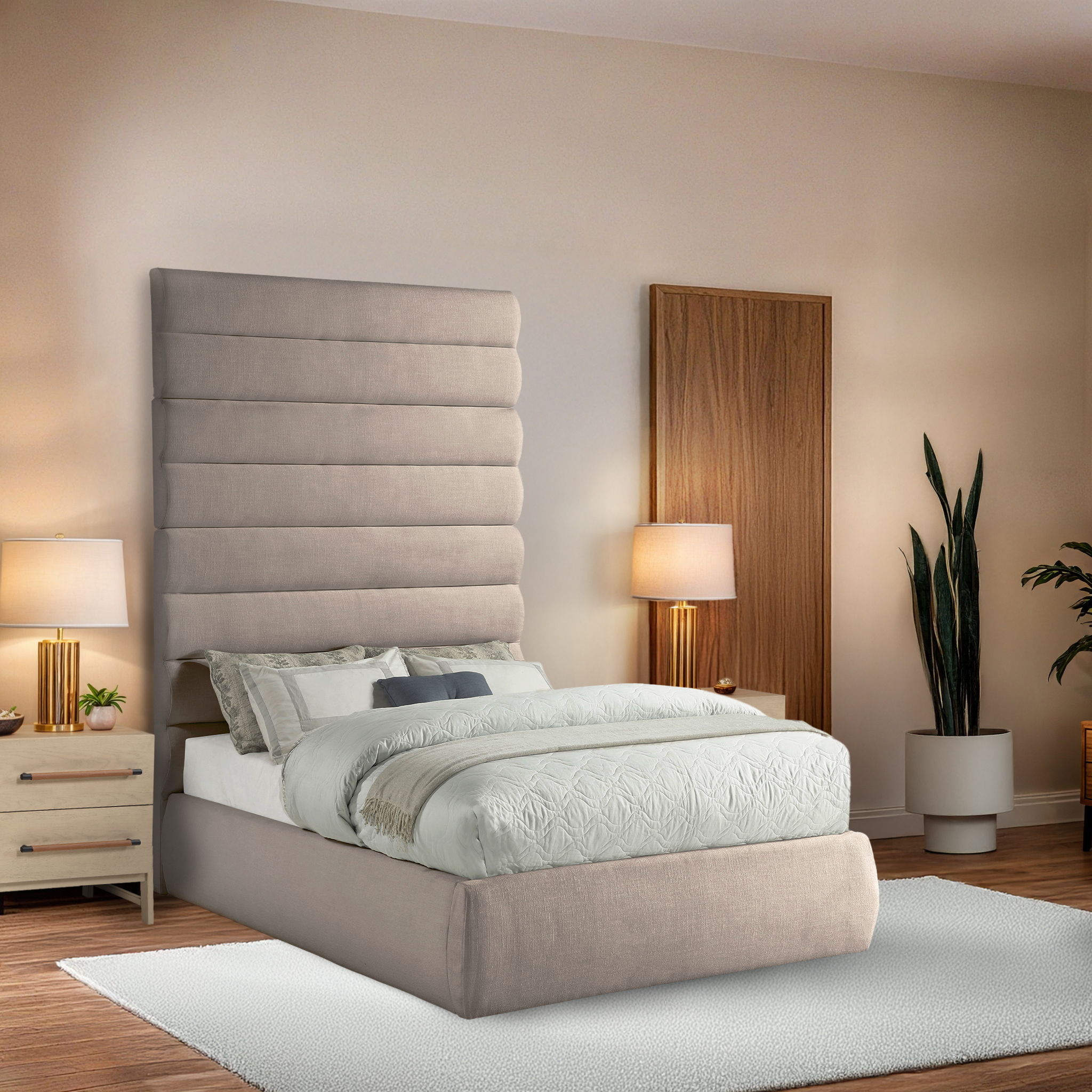Adam - Linen Fabric Full Bed With 89" Headboard - Beige