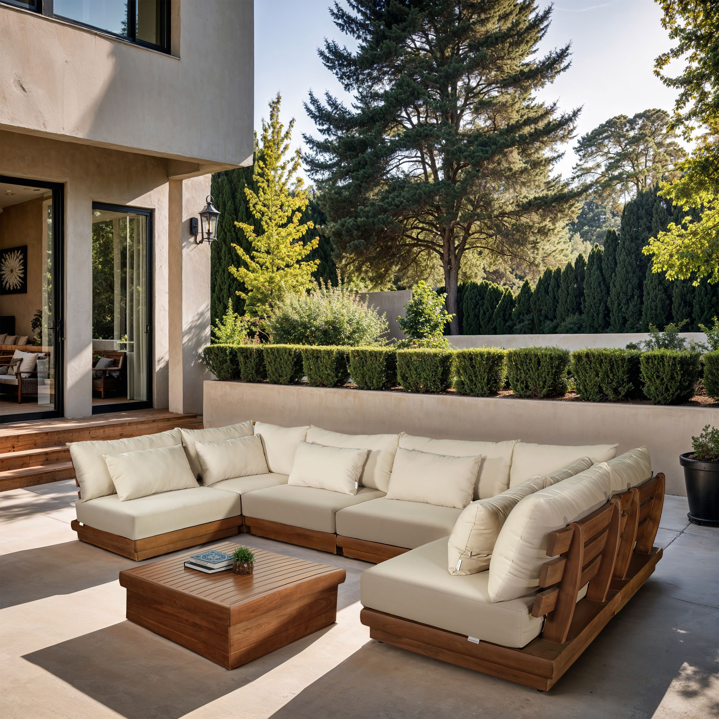 Mirella - 6 Piece Water Resistant Fabric 150" Upholstered Outdoor Patio Modular Sectional - Tan