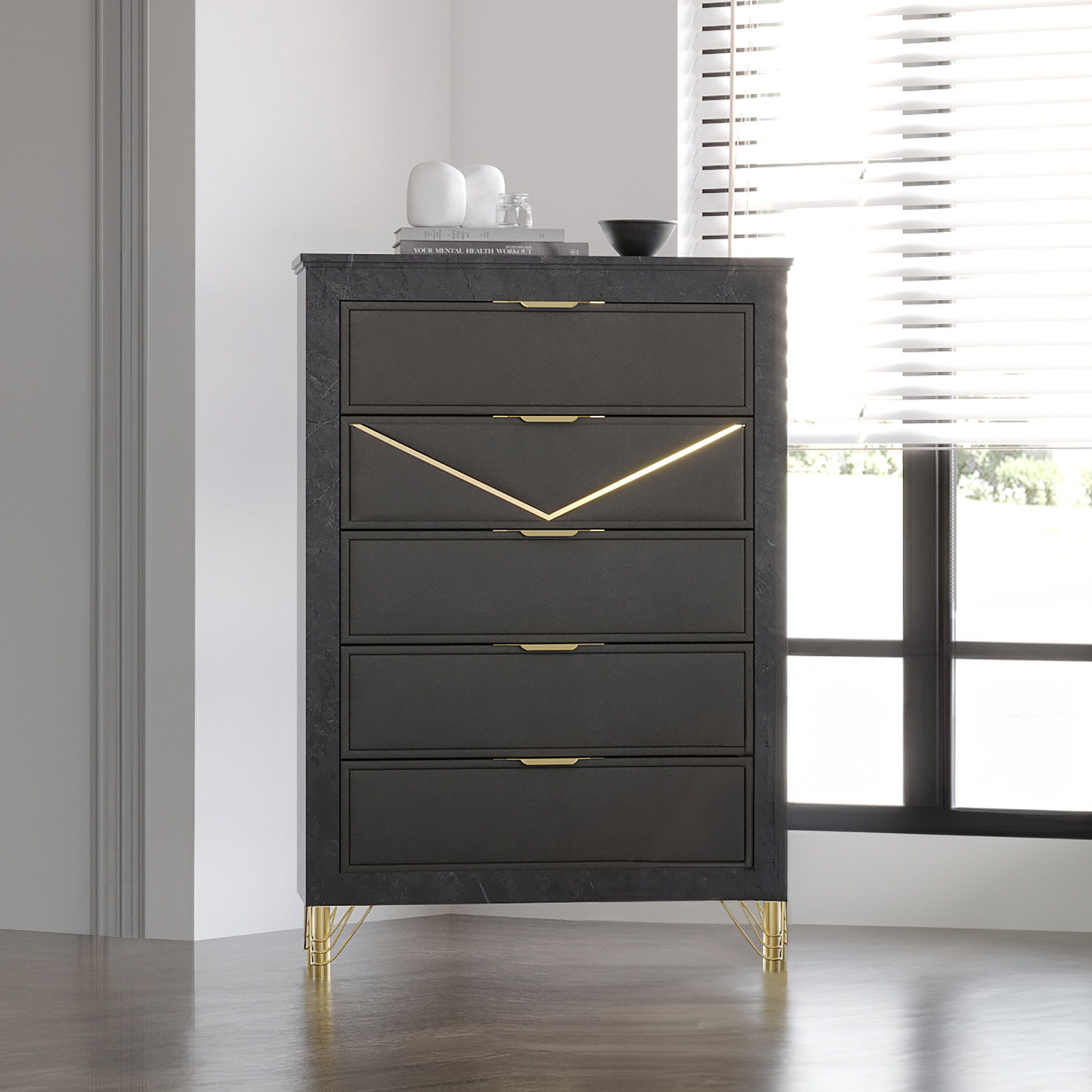 Symmetry - 5 Drawer Chest - Charcoal, dark gray, view 6