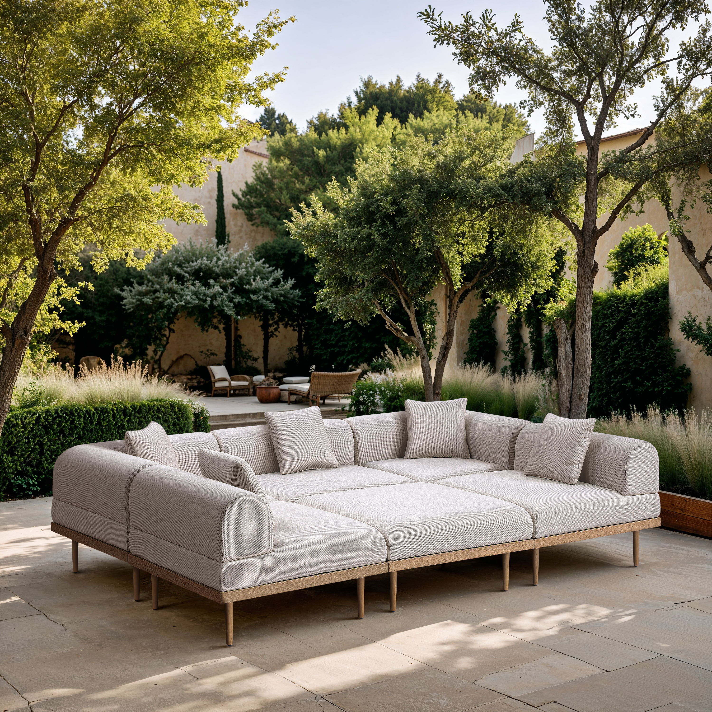 Laguna - 6 Piece Resilient Water Resistant Fabric 106.5" Upholstered Outdoor Patio Modular Sectional - Beige