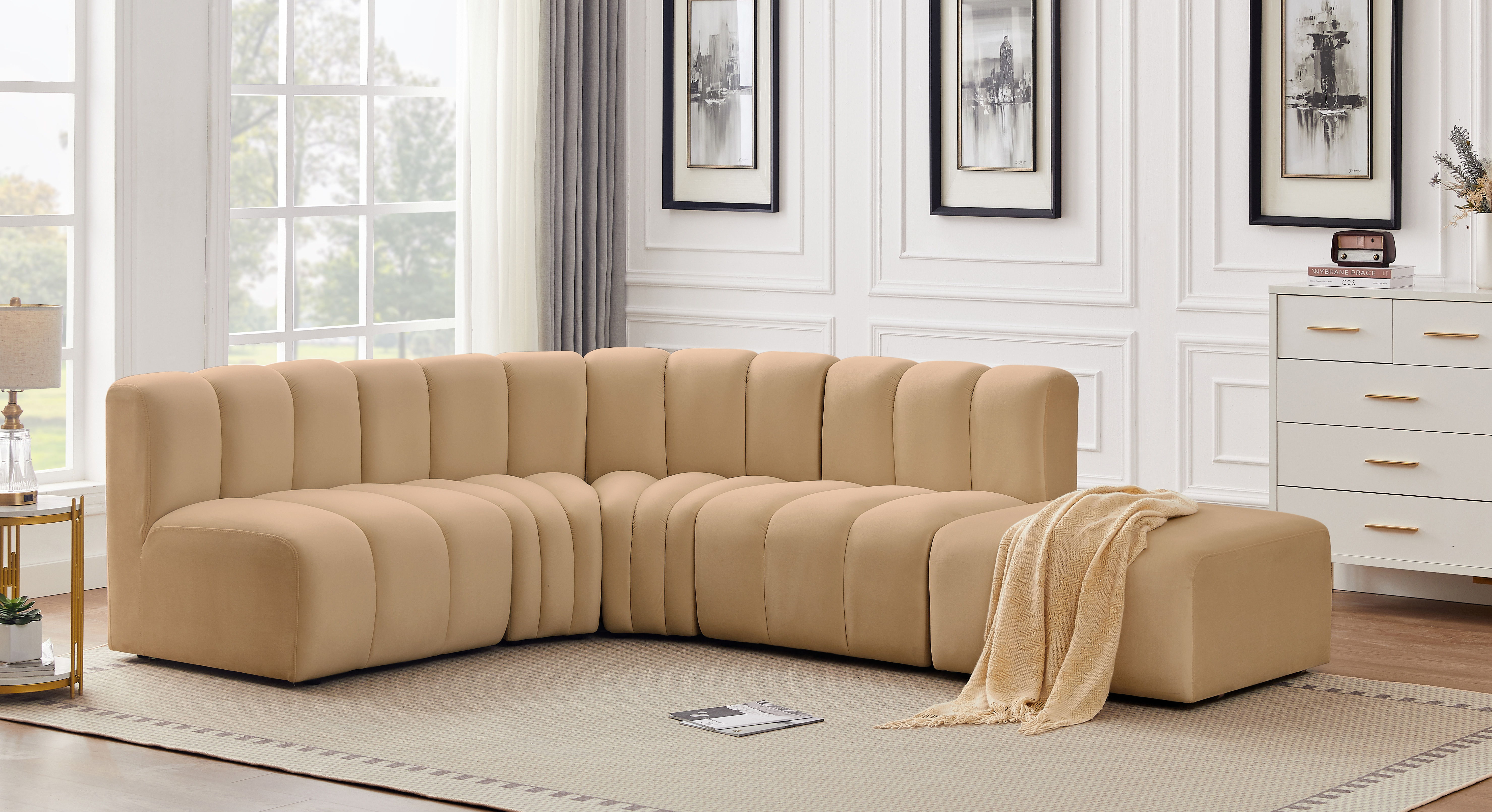 Arc - Velvet 5 Piece Corner Modular Sofa - Camel