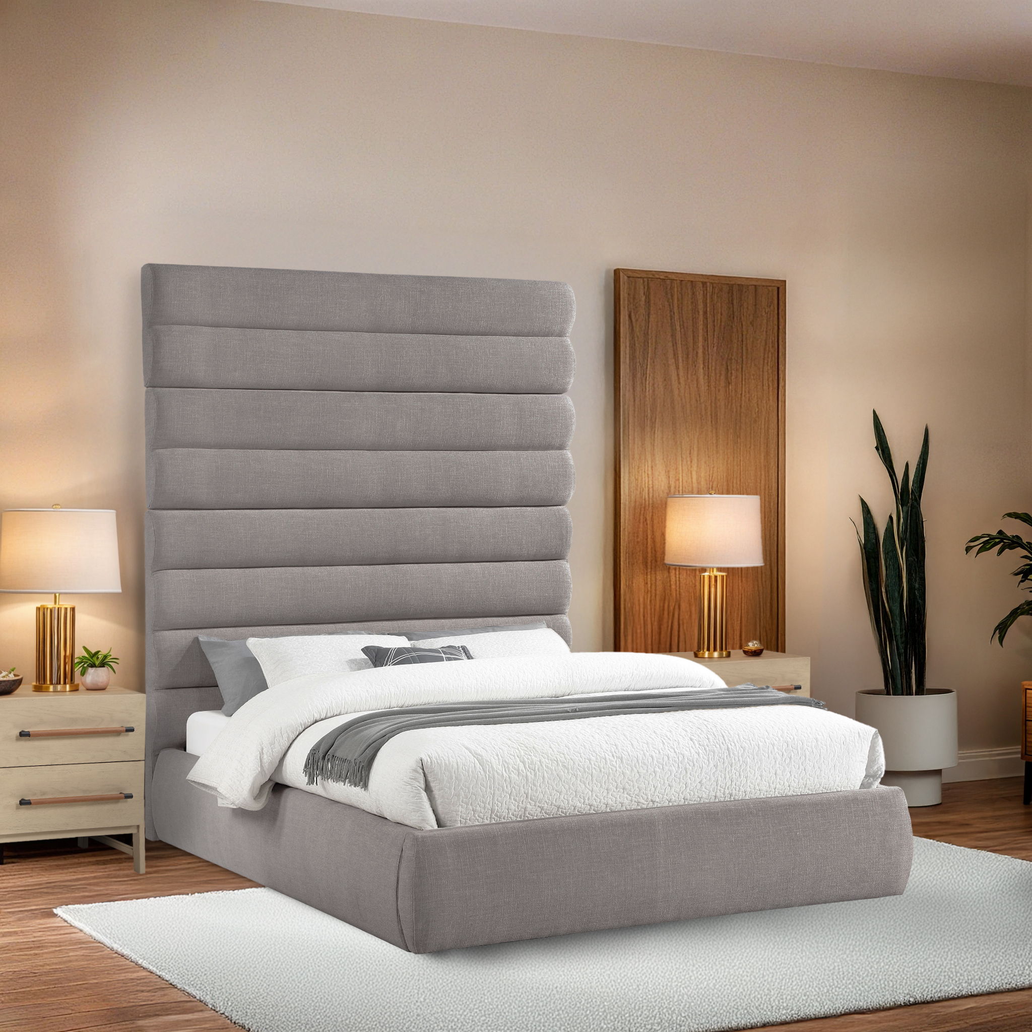 Adam - Linen Fabric Queen Bed With 89" Headboard - Taupe