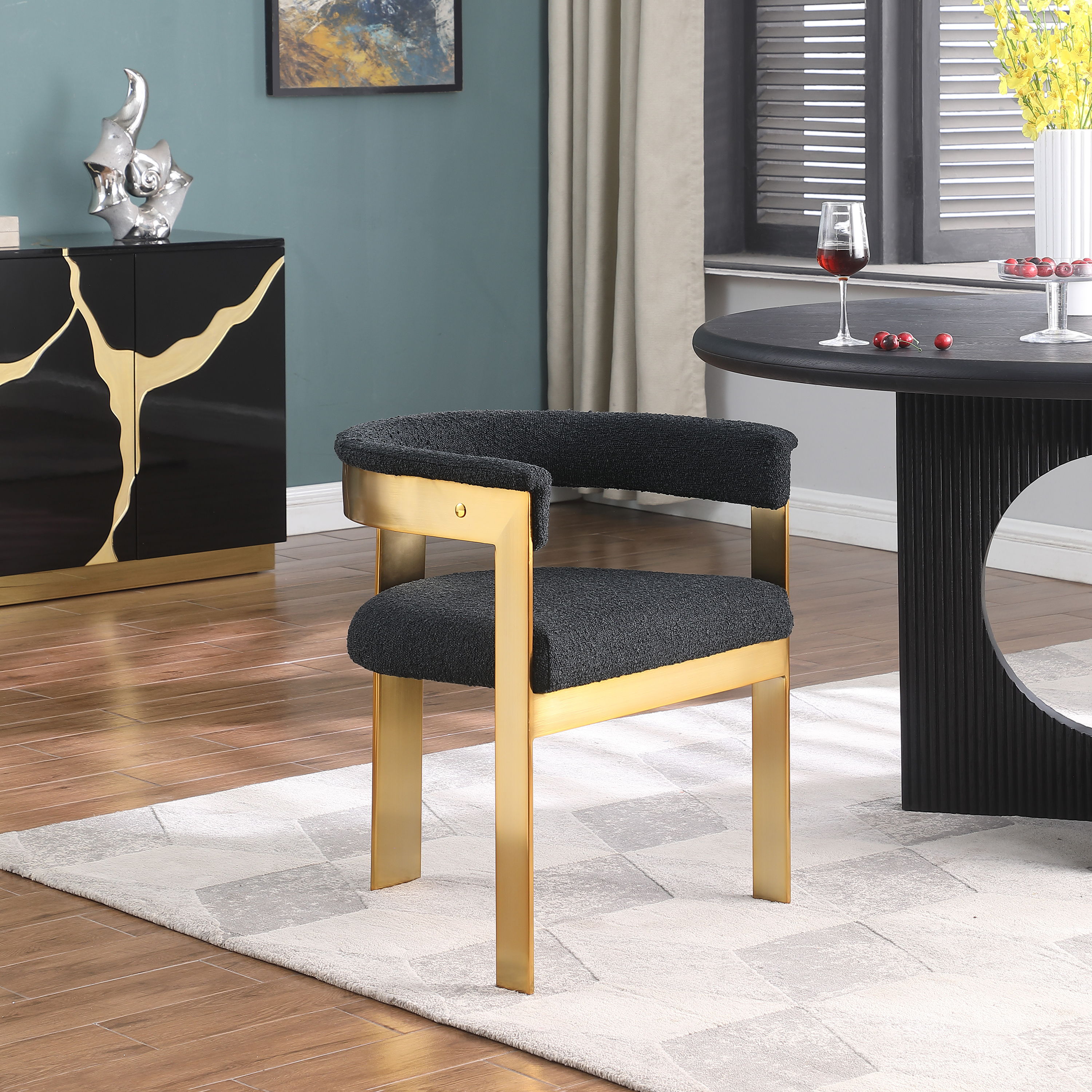 Romeo - Boucle Dining Chair With Gold Base (Set of 2) - Black