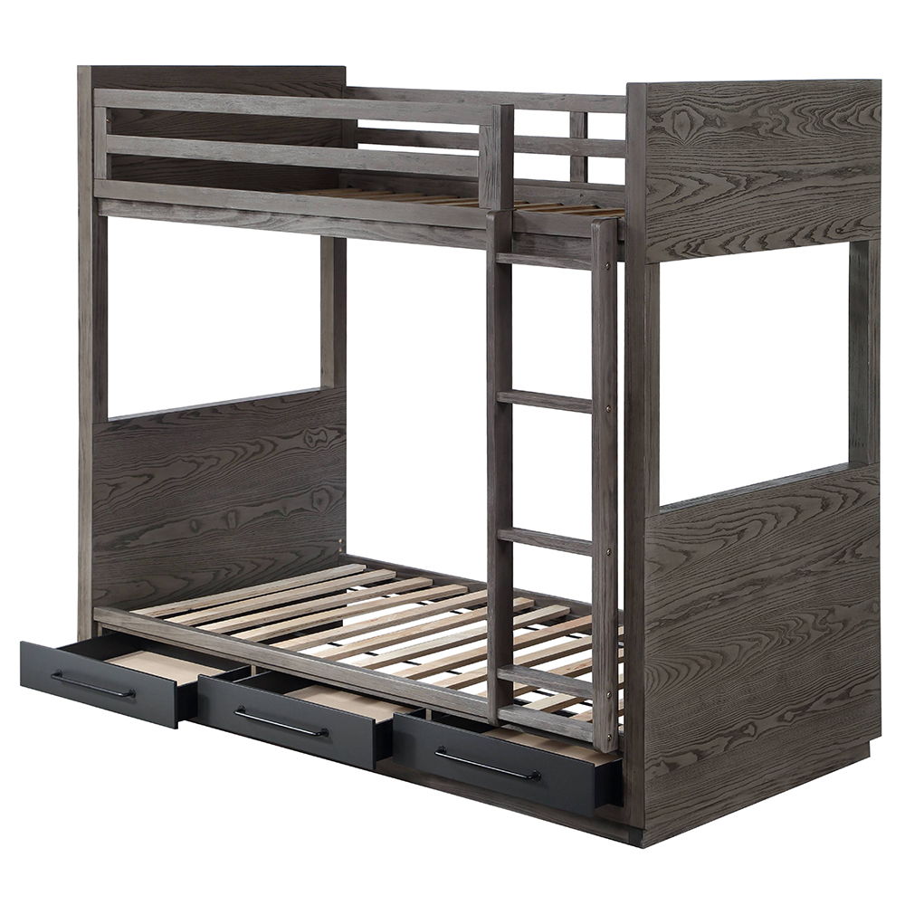 Estevon - Twin Over Twin Bunk Bed With Storage - Gray Oak, dark gray, view 4
