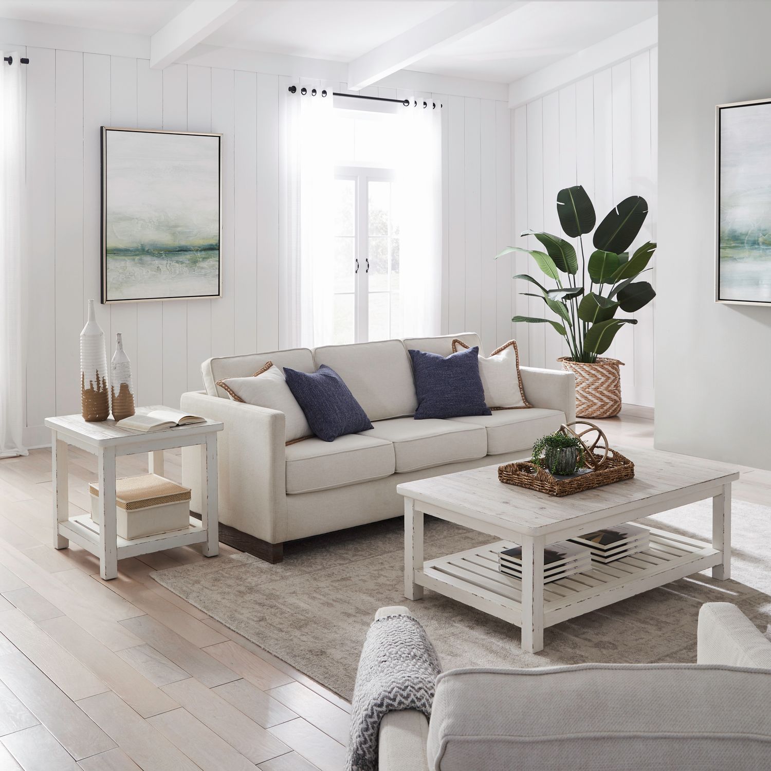 3 Piece Table Set (Rectangular Cocktail Table & 2 End Tables) - Weathered White Image