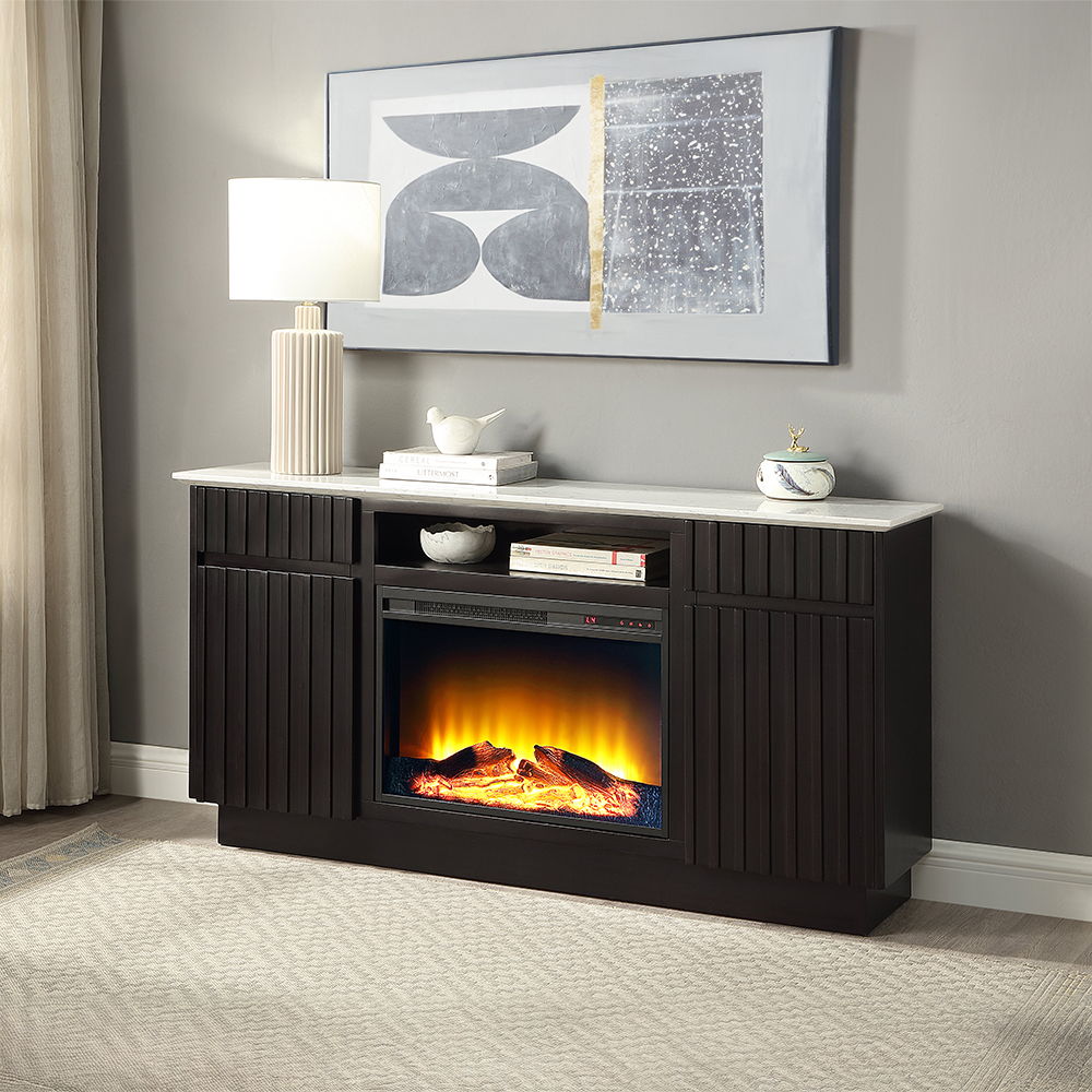 Jaramillo - Server With Fireplace - Engineered Marble & Rustic Espresso, dark brown