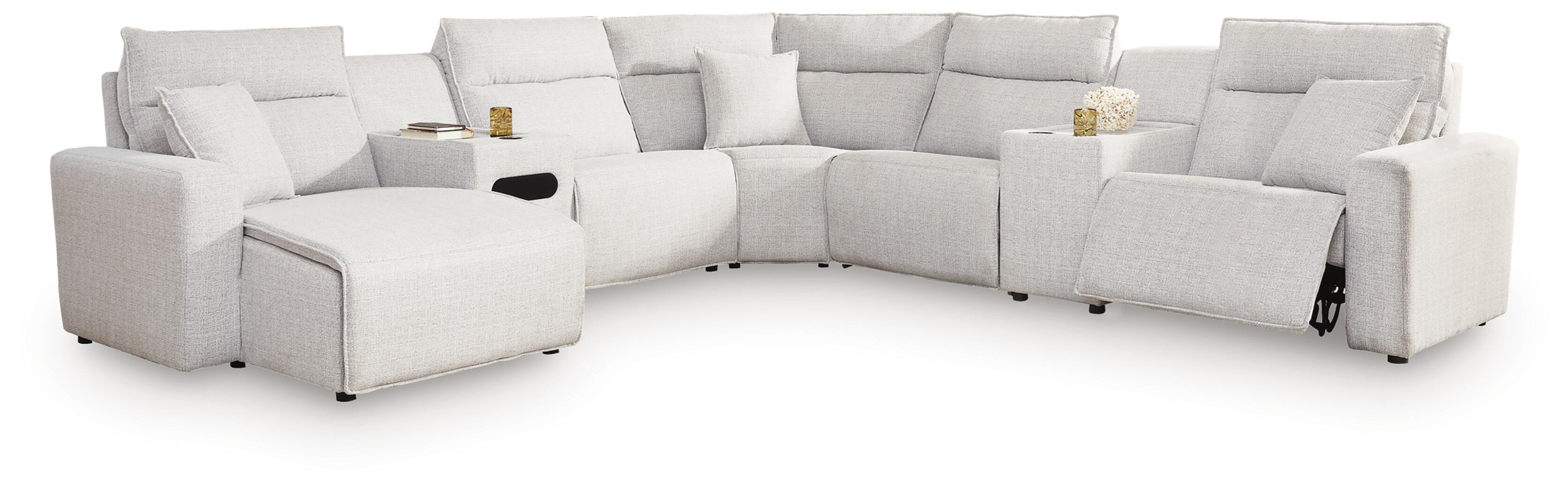 Modmax II - 7-Piece Power Reclining Sectional With LAF Press Back Power Chaise, Console And Audio Console - Stone