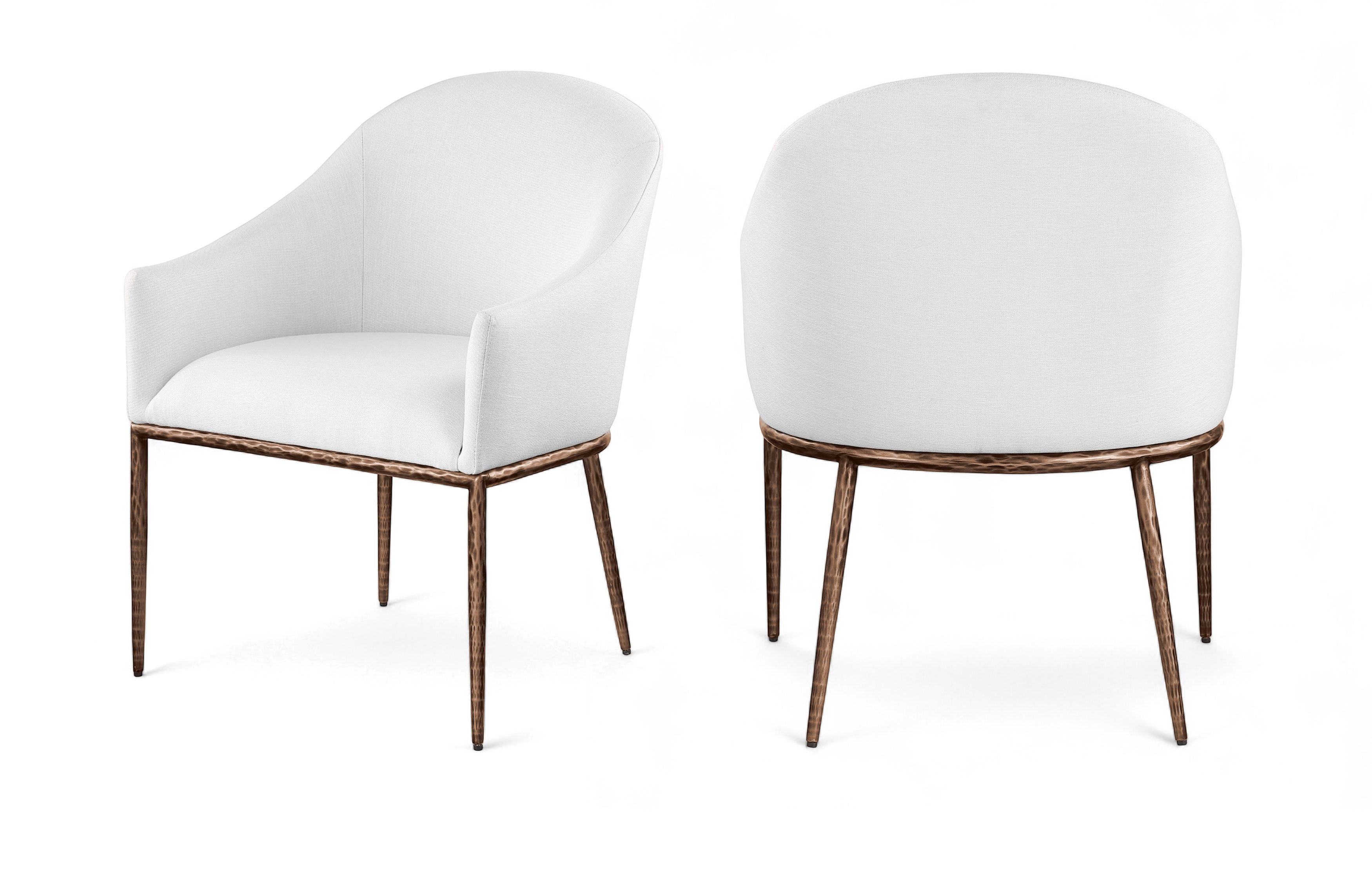 Ferro - Linen Textured Performance Fabric Upholstered Dining Arm Chair - White / Brushed Bronze