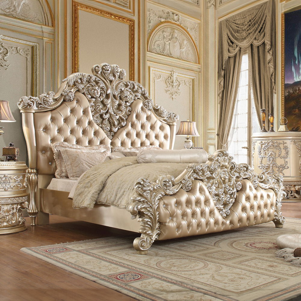 Vatican - Eastern King Bed - Synthetic Leather, Light Gold & Champagne Silver, beige