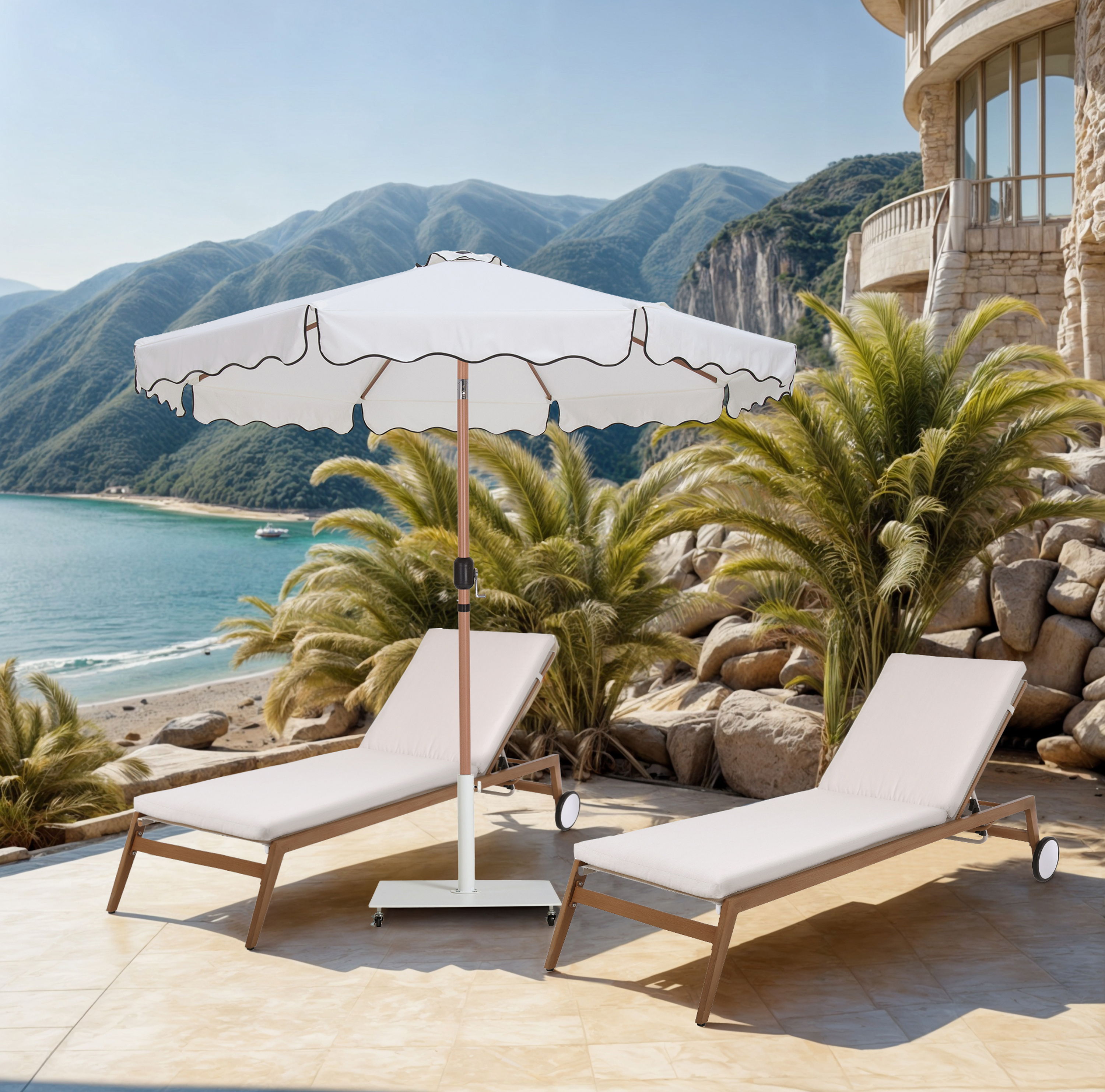 Amalfi - Fabric With Black Piping / Matte White Aluminum Patio Umbrella with Base - White