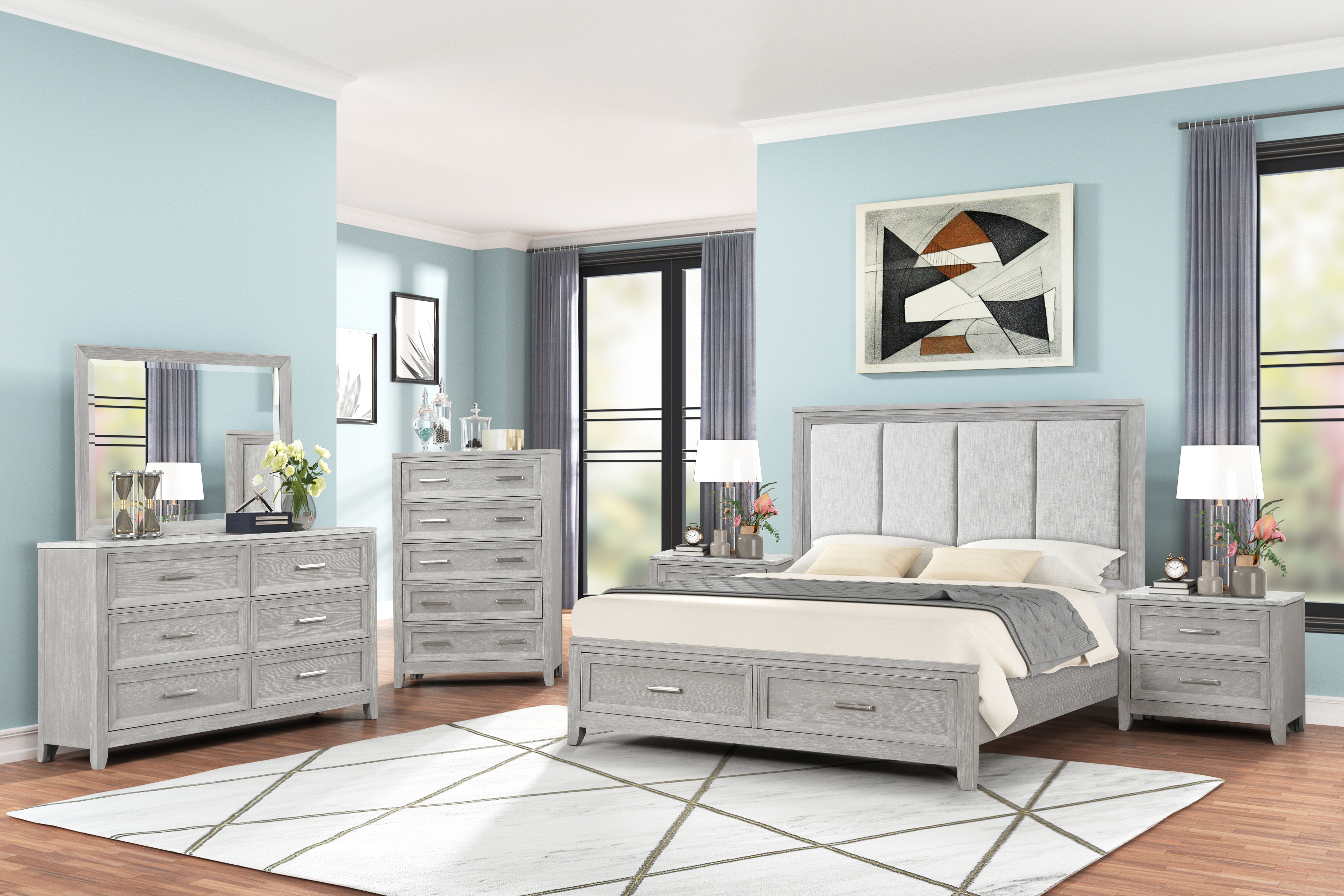 Fiona - 6/6 King 6 Piece Bedroom Set (Bed & Dresser & Mirror & Chest & 2 Nightstands) - Gray