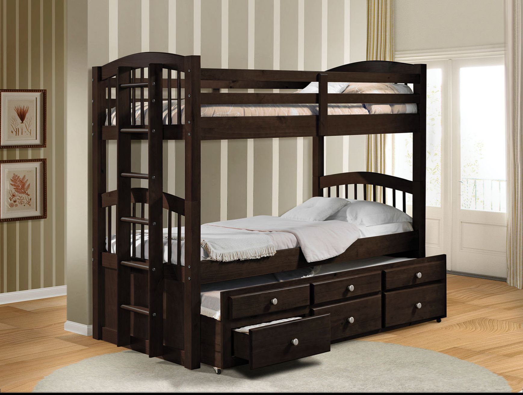 Micah - Twin Over Twin Bunk Bed With Trundle & Storage - Espresso, black