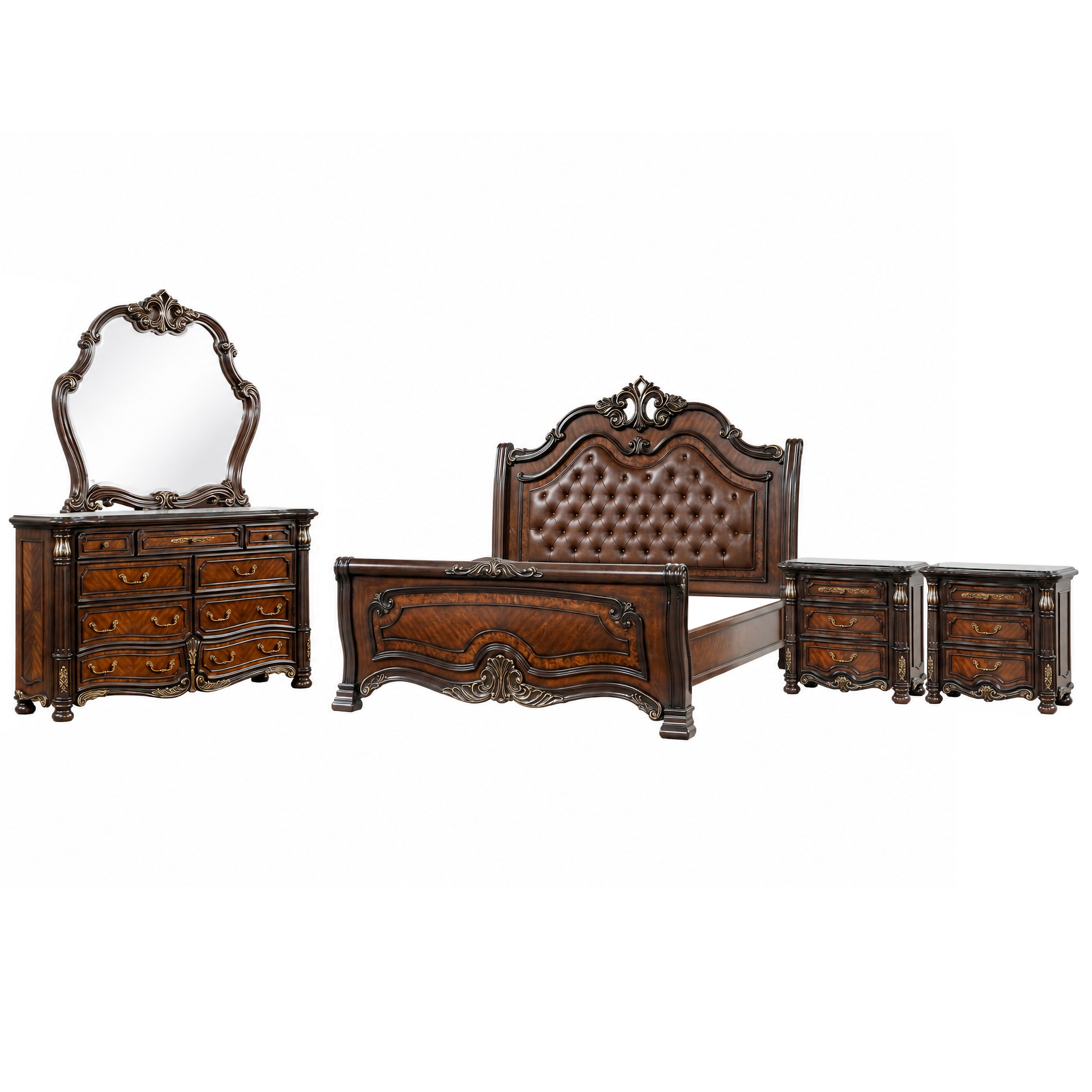 Queen · 5 Pc · Padded Sleigh Bed, Dresser, Mirror, 2 Nightstands