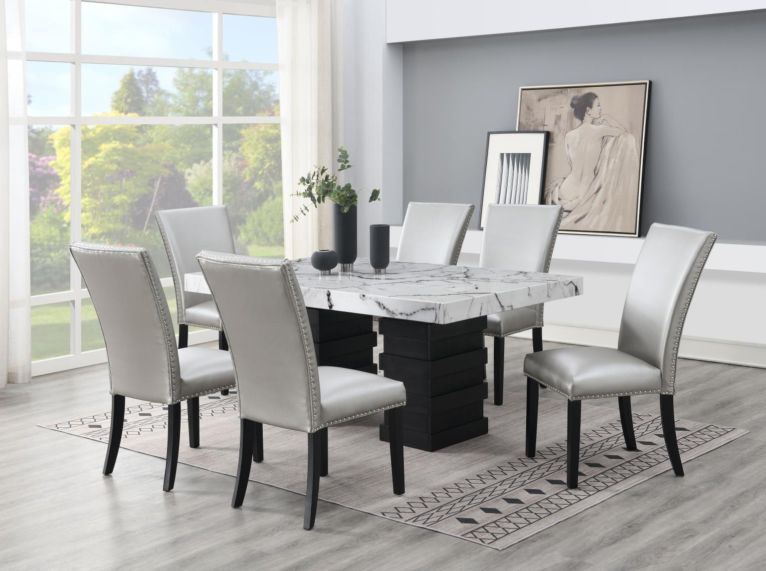 D139 - 7 Piece Dining Room Set (Table, 6 Leather Chairs) - Pearl Silver