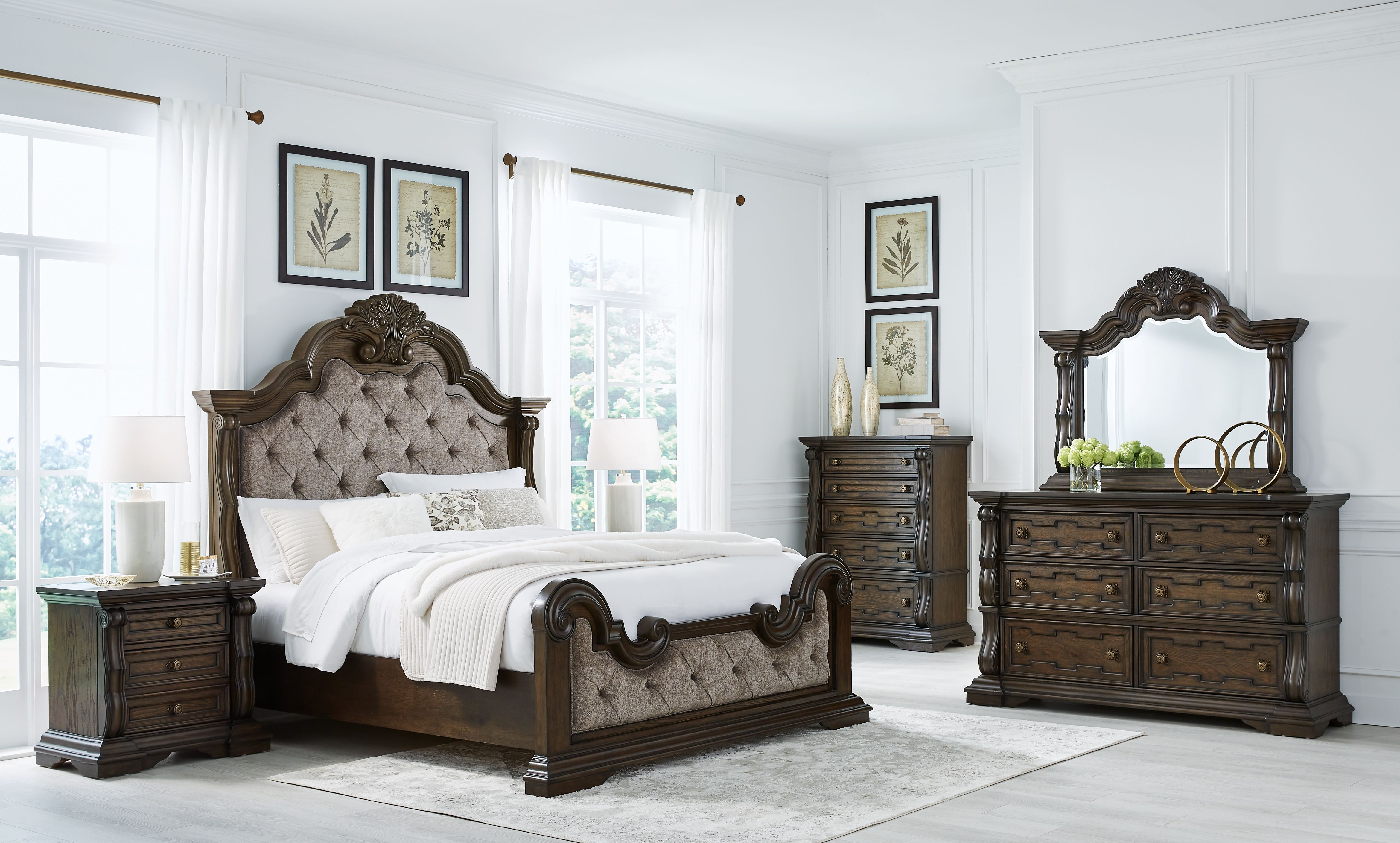 Maylee - 8 Pc. - Dresser, Mirror, Chest, Queen Upholstered Bed, 2 Nightstands - Dark Brown