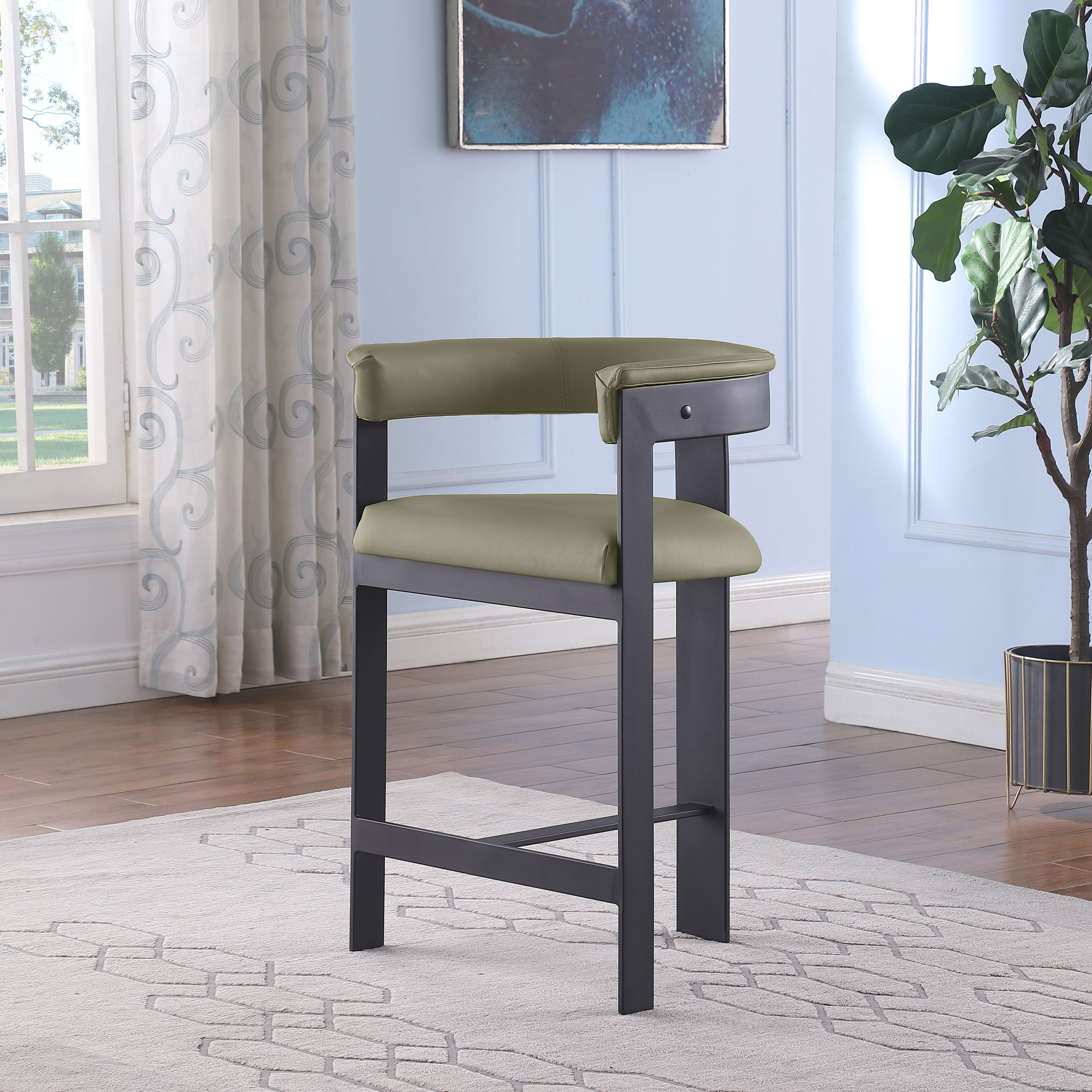 Romeo - Faux Leather Counter Stool With Black Base (Set of 2) - Olive Green