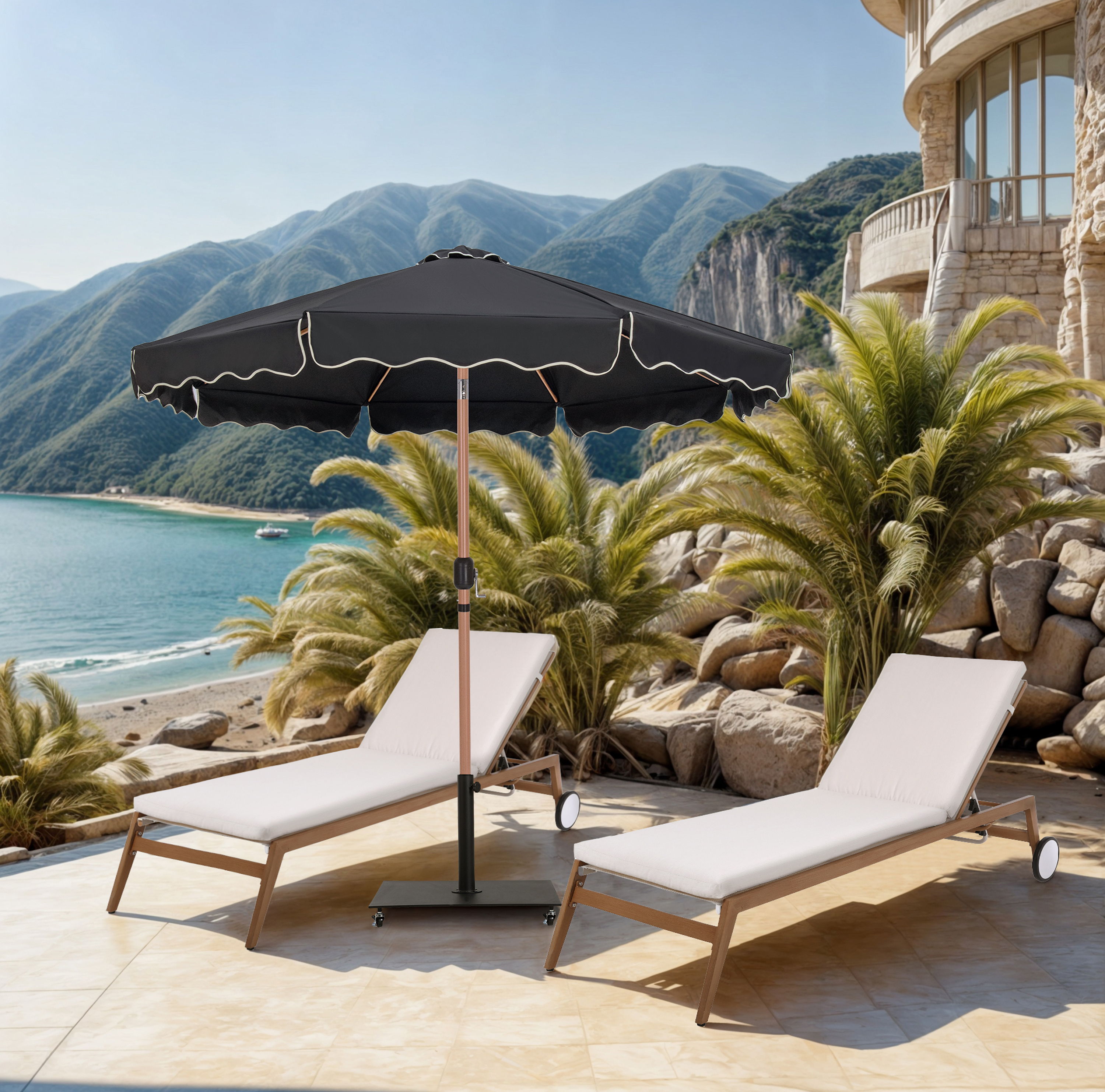 Amalfi - Fabric With Cream Piping Aluminum Patio Umbrella with Base - Black / Matte Black