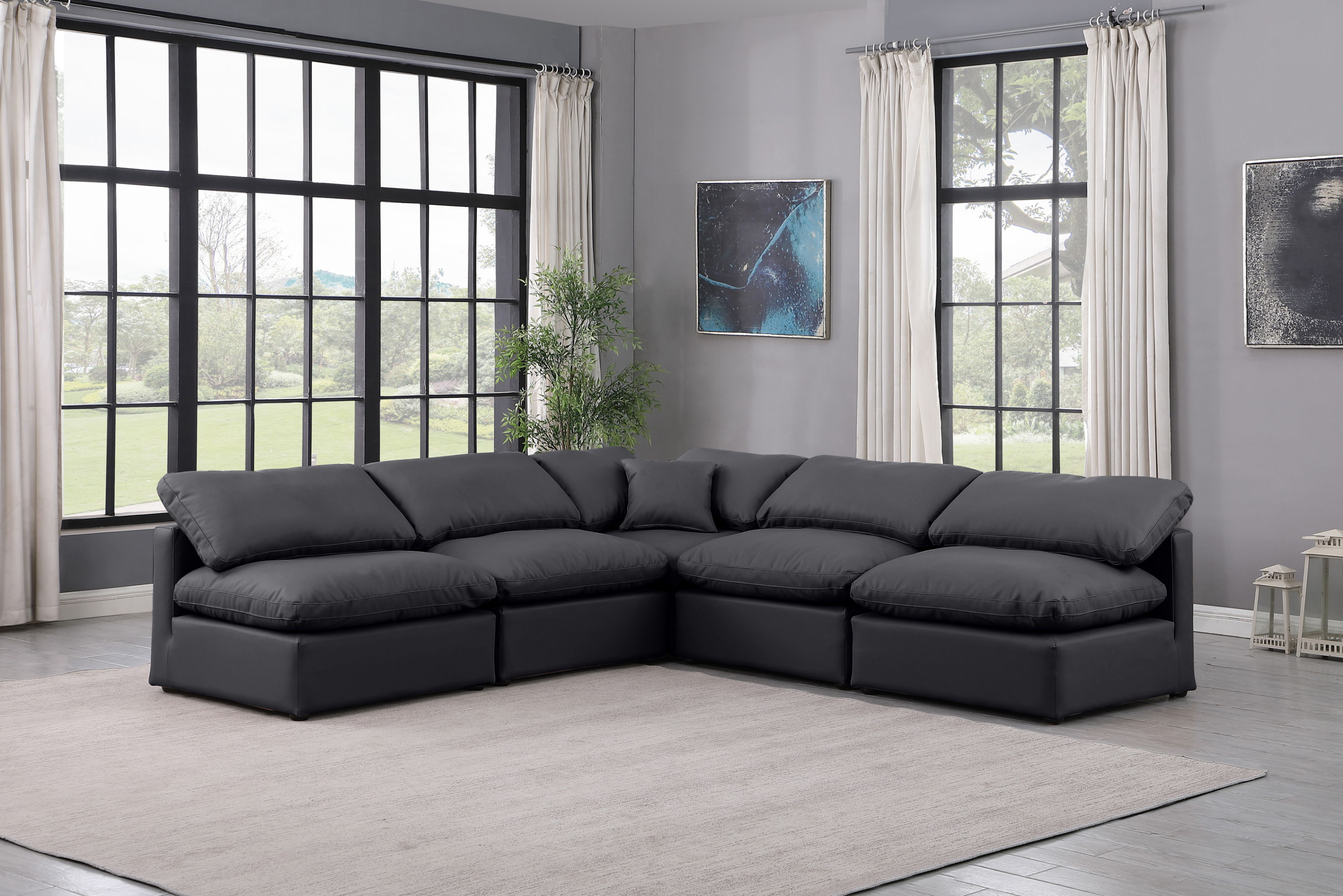 Indulge - Faux Leather 5 Piece Modular Corner Armless Sectional - Black