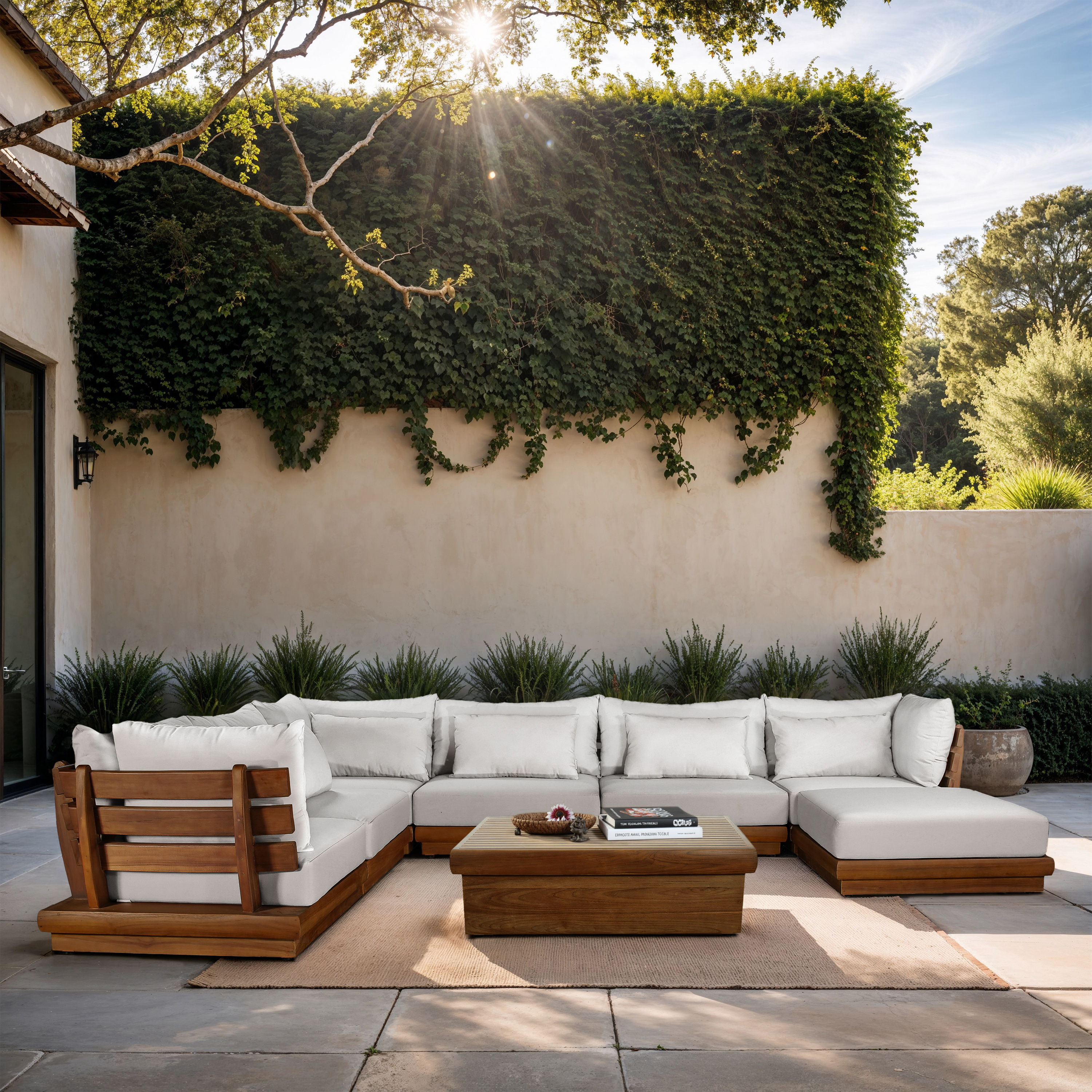 Mirella - 7 Piece Water Resistant Fabric 150" Upholstered Outdoor Patio Modular Sectional - Off-White