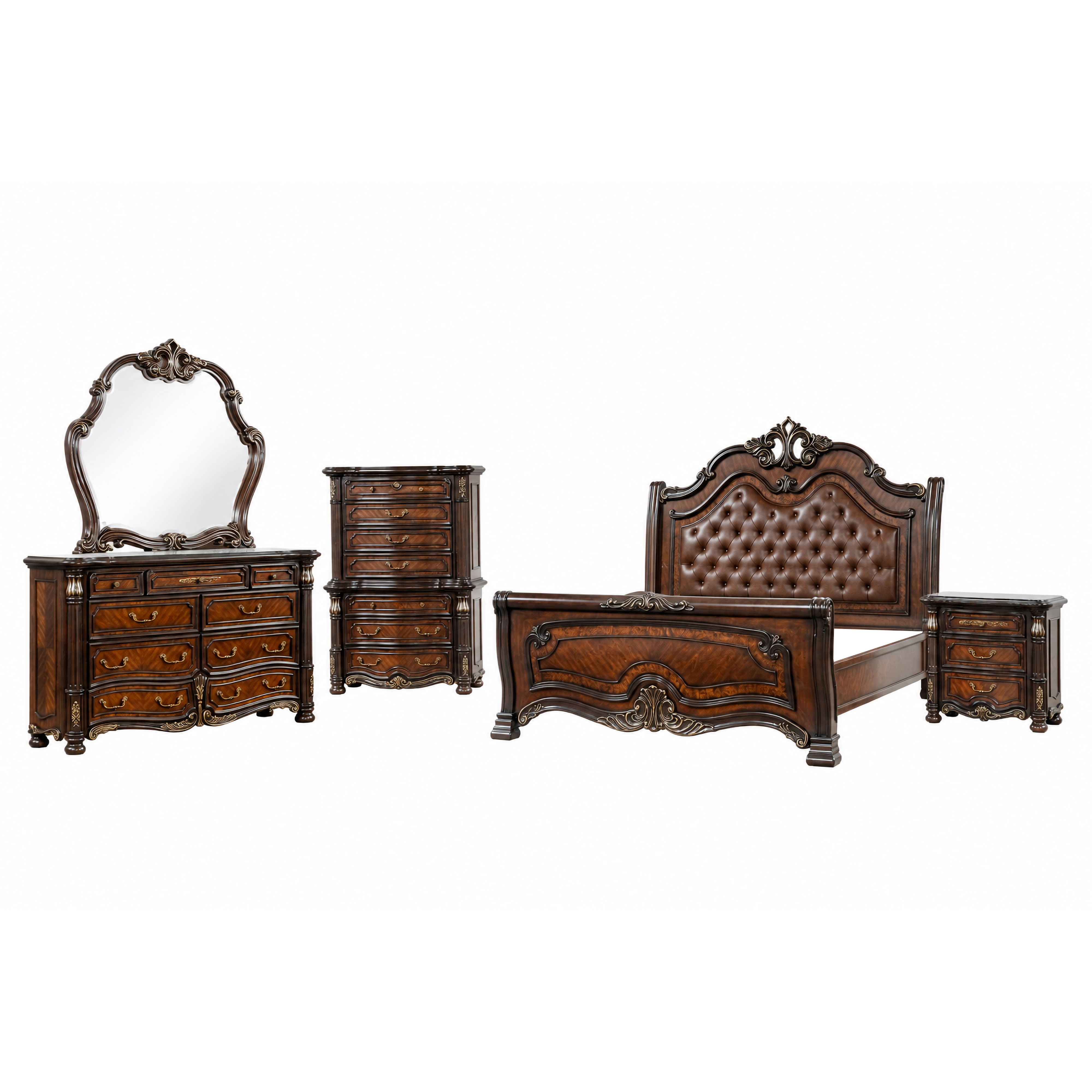 Queen · 5 Pc · Padded Sleigh Bed, Dresser, Mirror, Chest, Nightstand