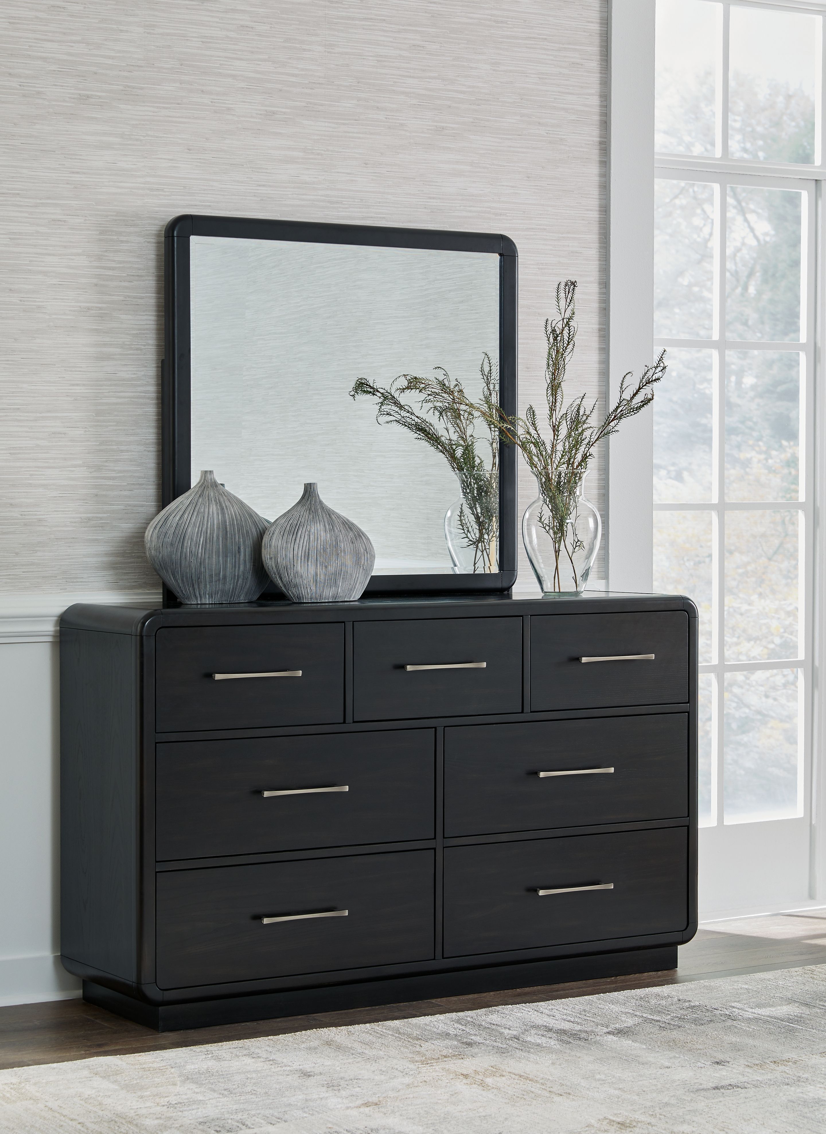 Ashley Furniture Rowanbeck - 5 Pc. - Dresser, Mirror, Chest, King Upholstered Panel Bed - Gray / Black - Image 2