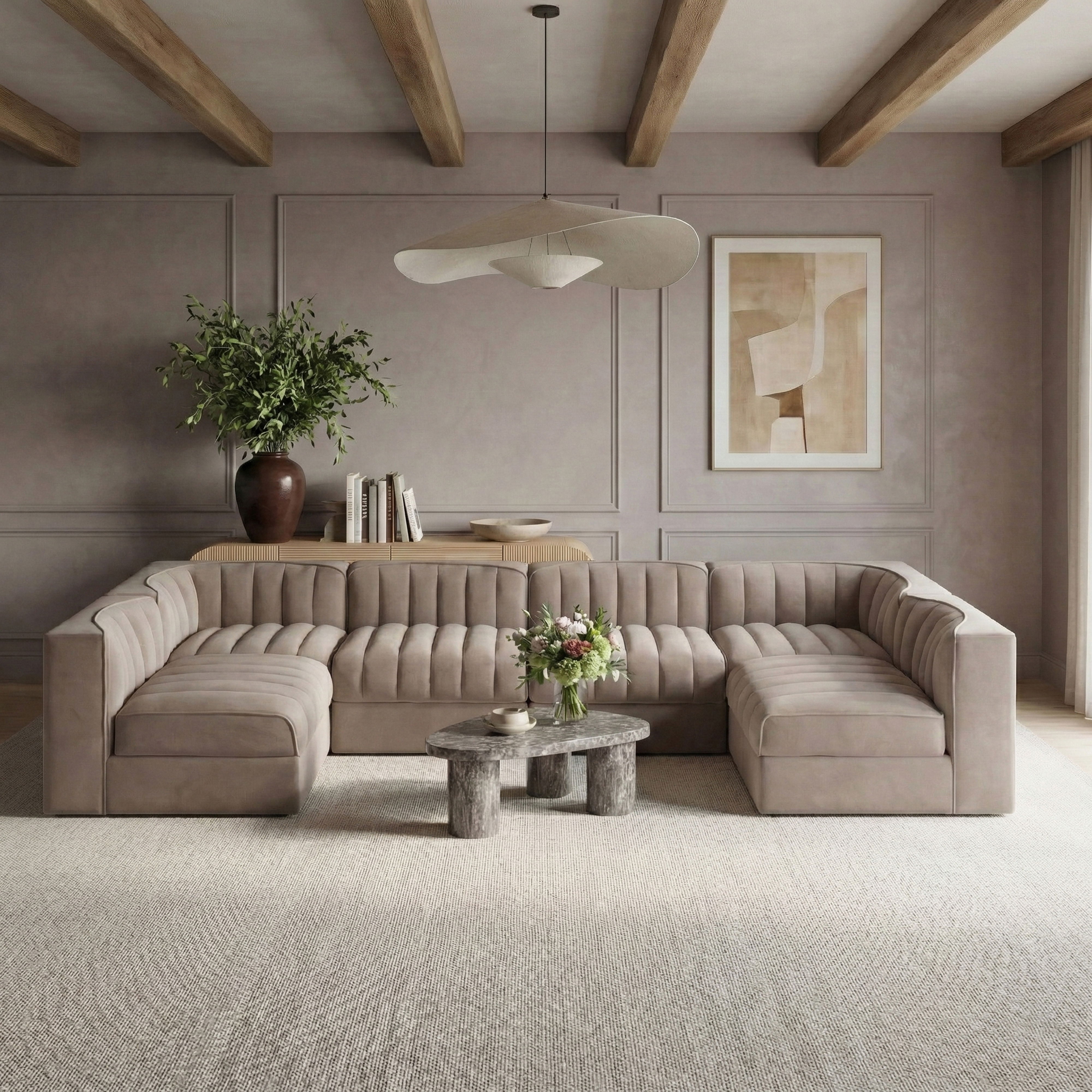 Rummi - Armless Velvet Performance Fabric Upholstered 6 Piece Modular Sectional - Taupe